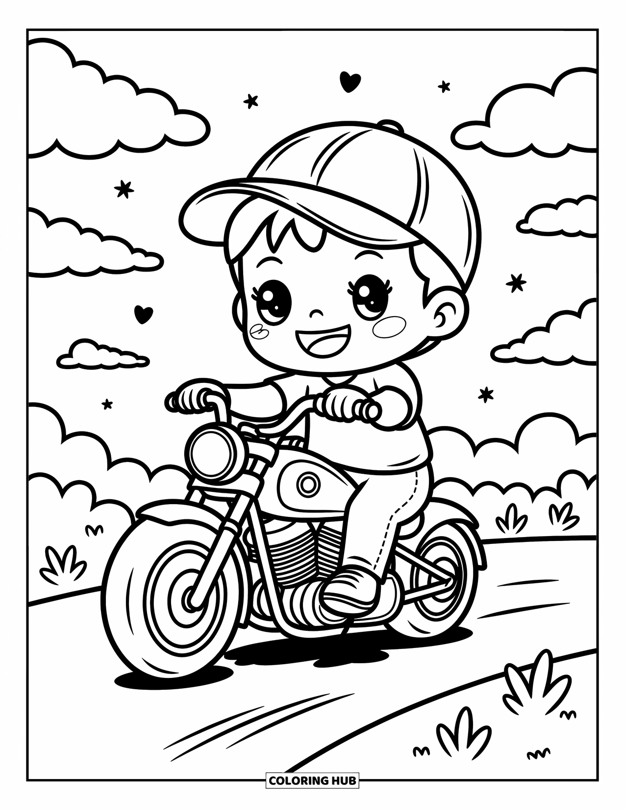 Motor Kleurplaat voor Volwassenen: Een jongen met een zijwaartse pet rijdt op een mollige motor onder donzige wolken