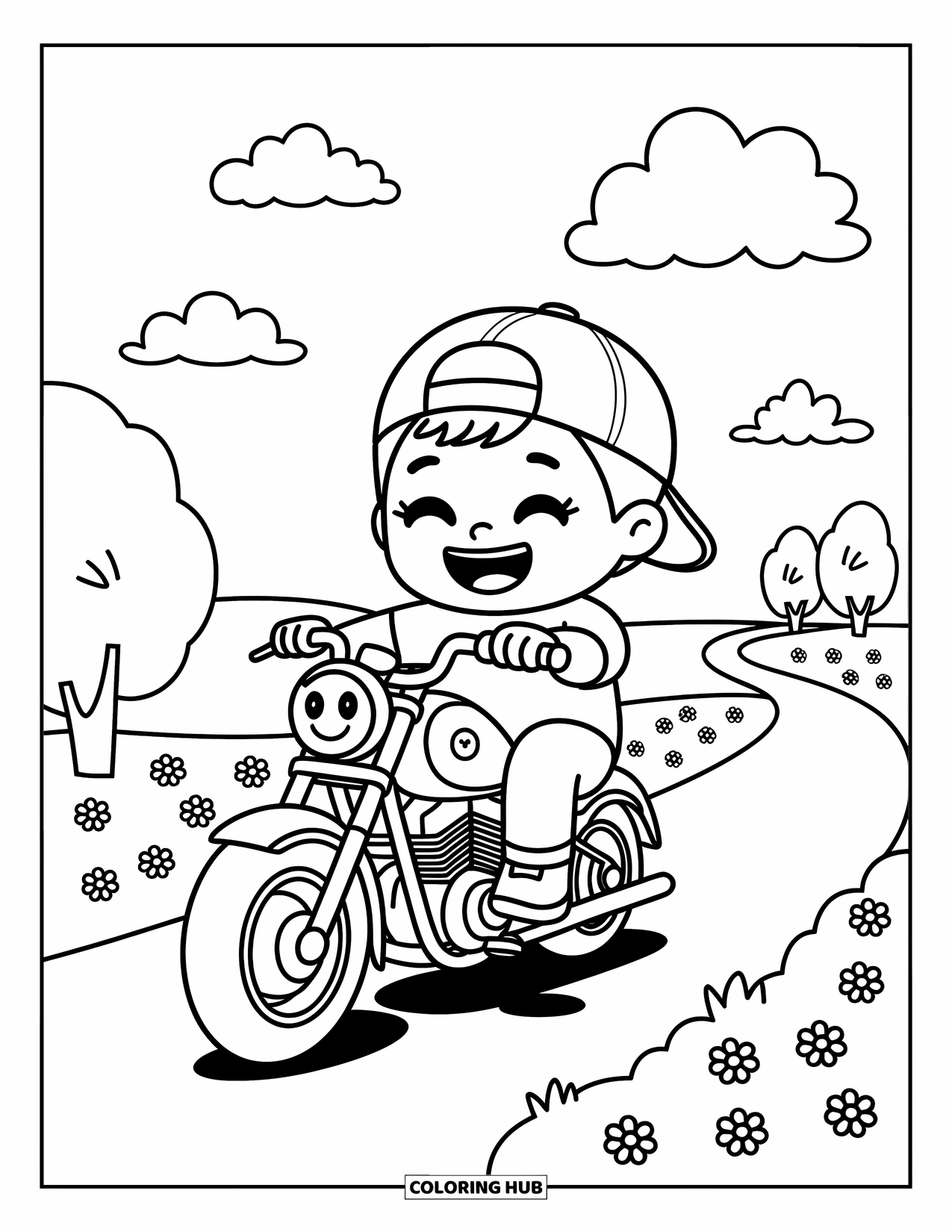 Motor Kleurplaat voor Volwassenen: Een jongen met een brede grijns rijdt op een mollige motor omringd door wolken en kleine bloemen