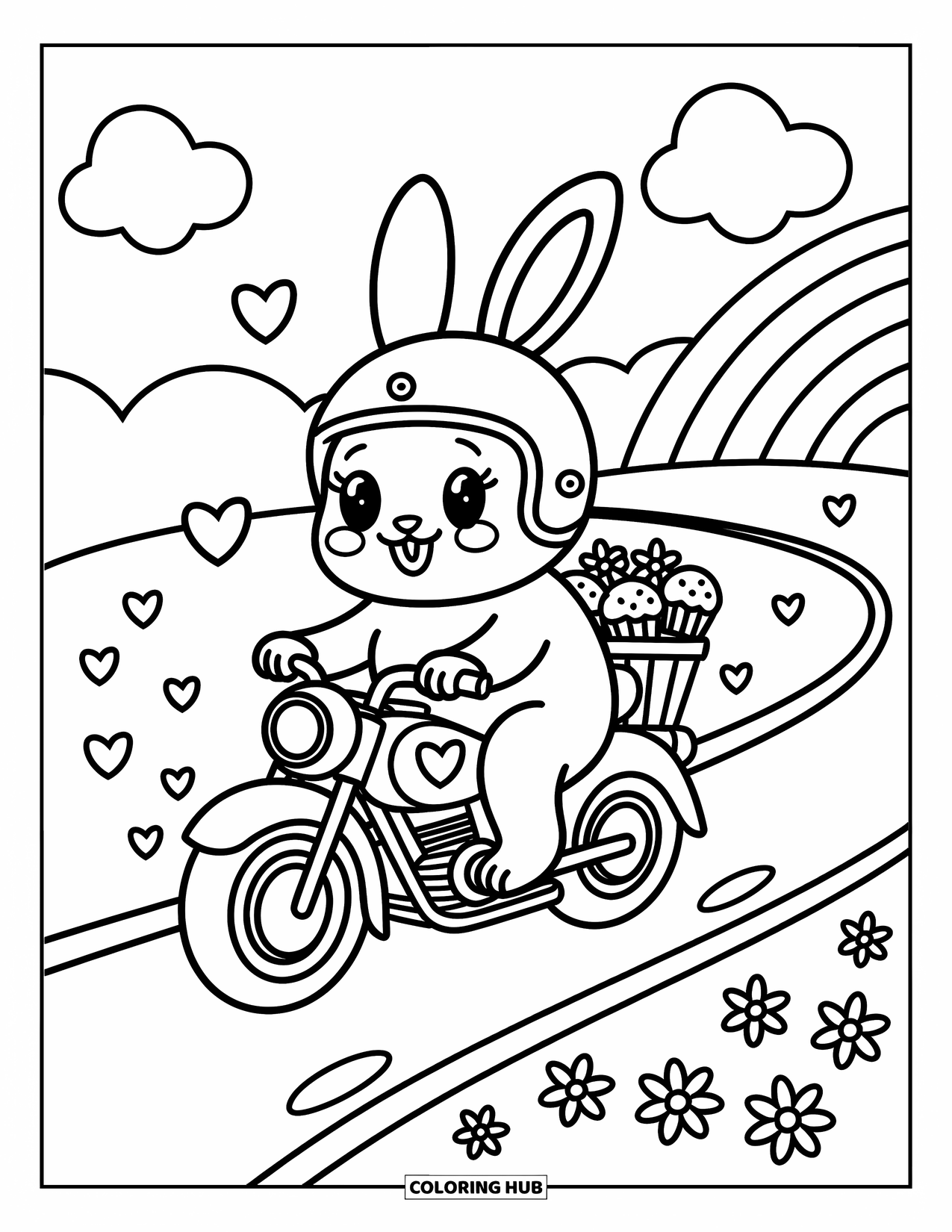 Motor Kleurplaat voor Volwassenen: Een konijntje met een helm rijdt op een motor met harten, bloemen en cupcakes