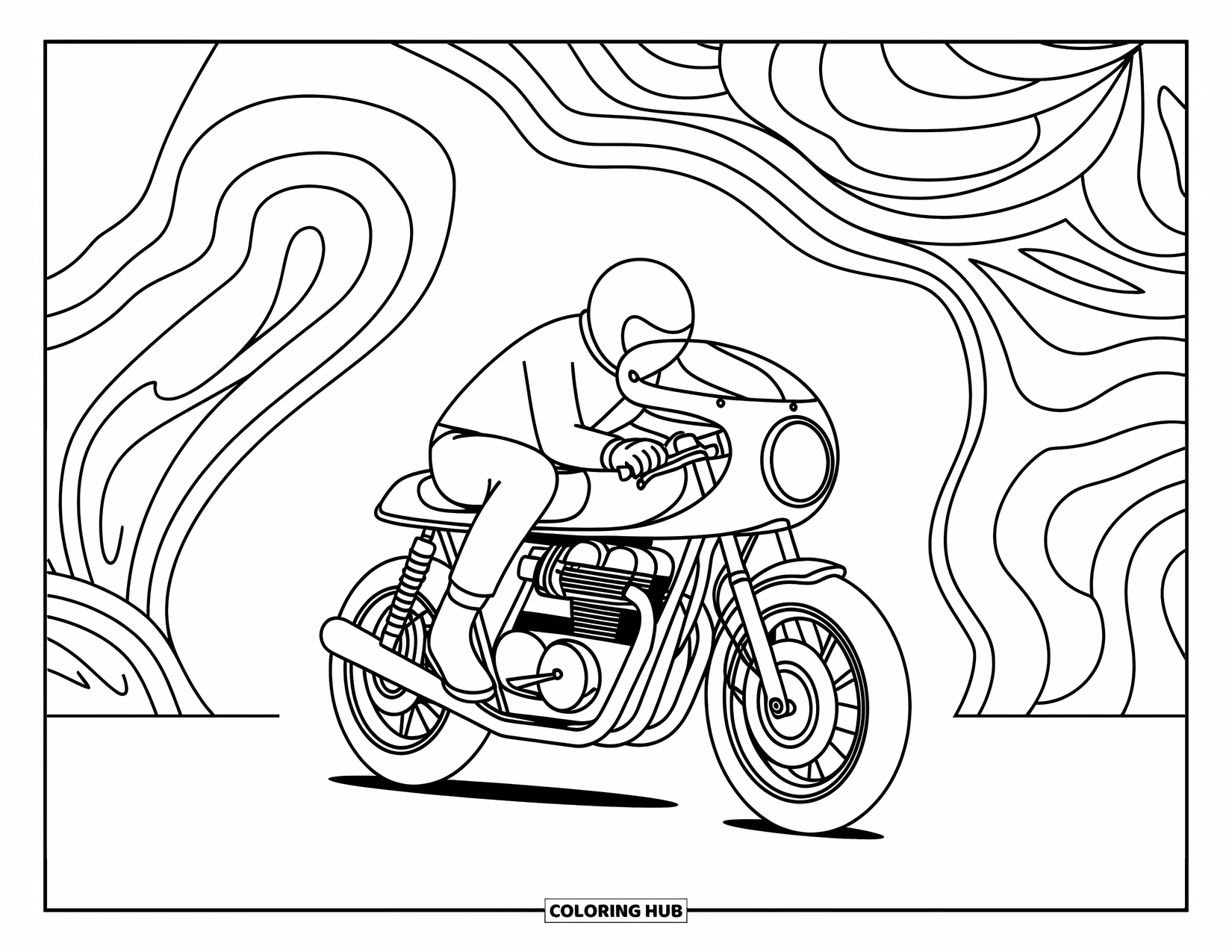 Motor Kleurplaat voor Volwassenen: Een café racer motor valt op met ingewikkelde patronen die in de achtergrond wervelen