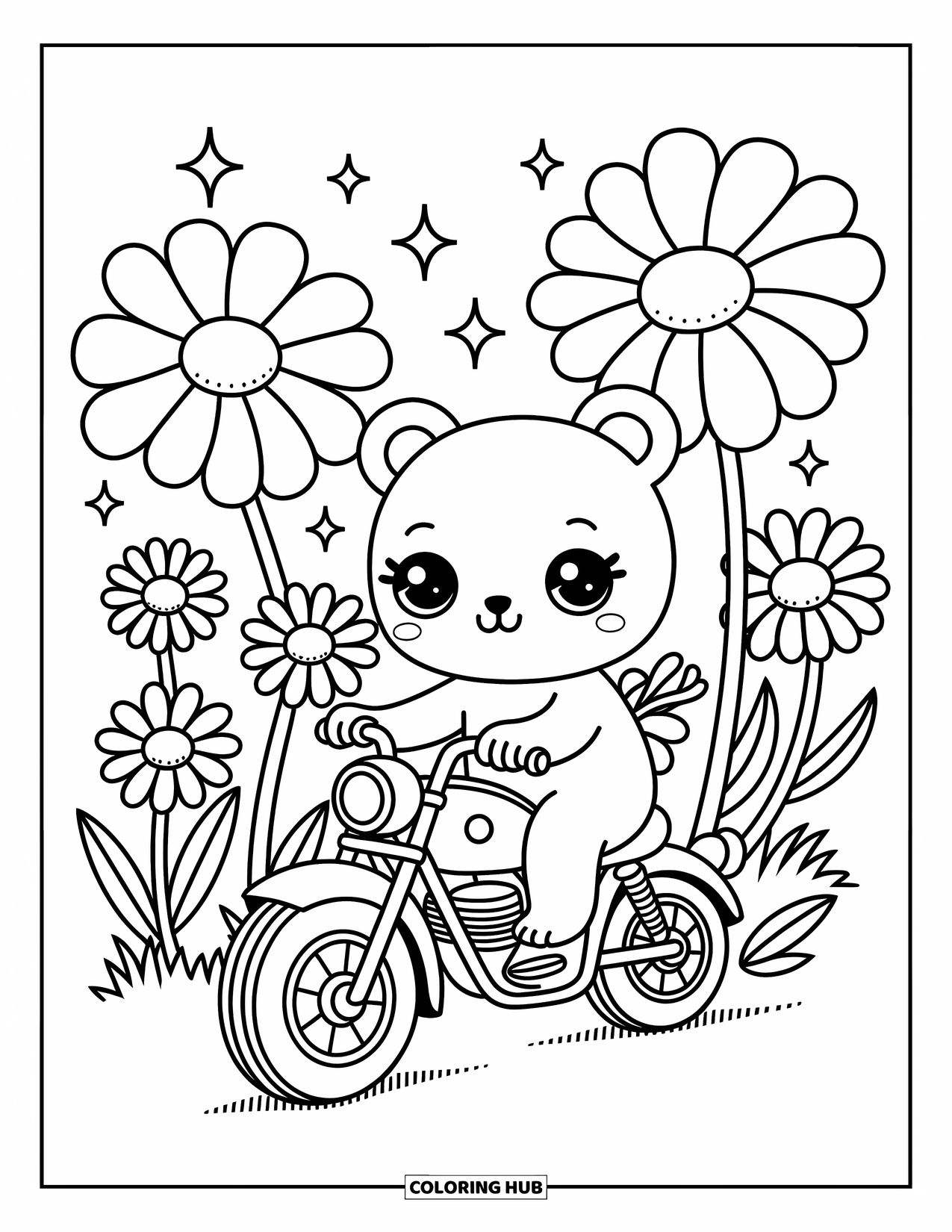 Motor Kleurplaat voor Volwassenen: Een vrolijke beer rijdt langs donzige madeliefjes met glitters die in de lucht zweven