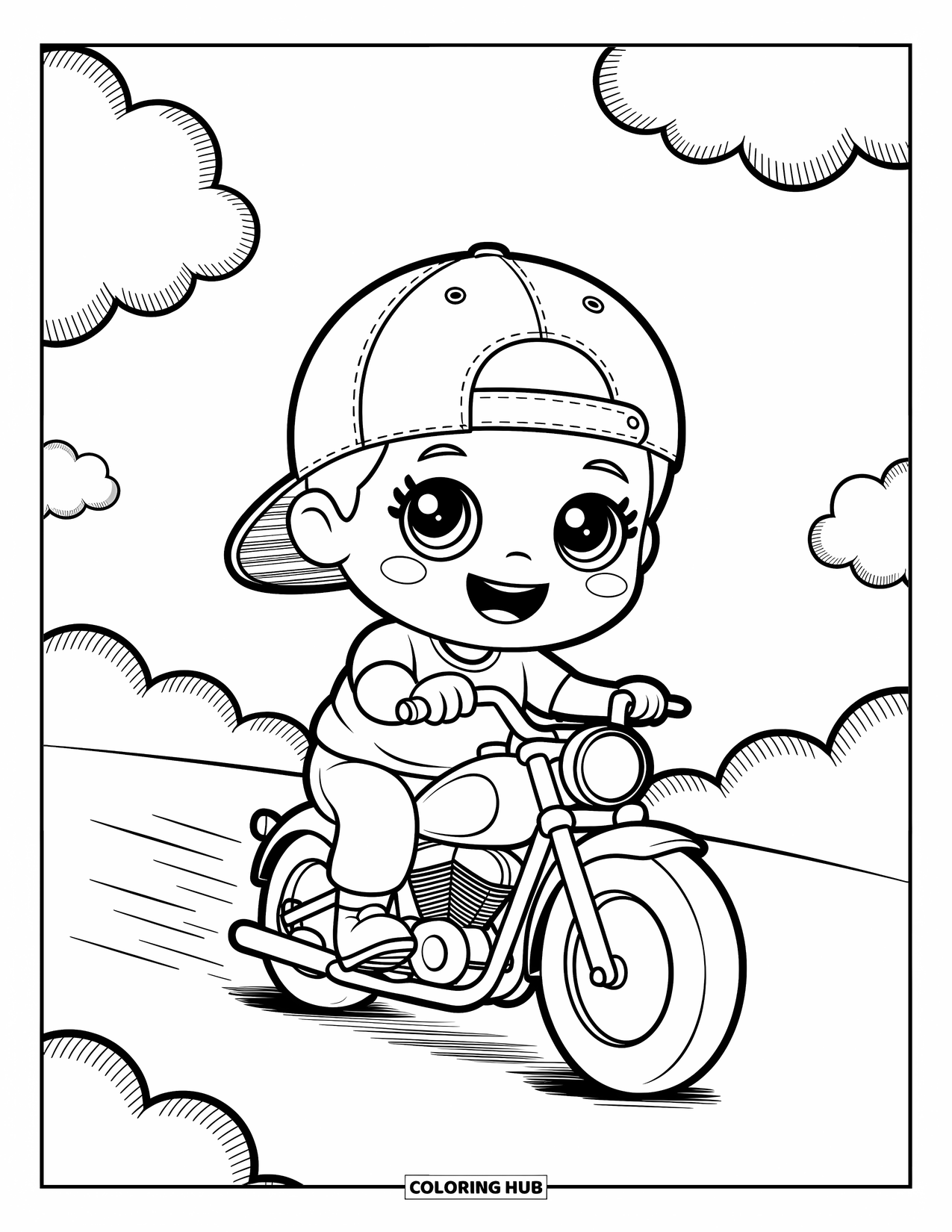 Motor Kleurplaat voor Volwassenen: Een vrolijke jongen met grote ogen rijdt op een schattige motor onder zachte, donzige wolken