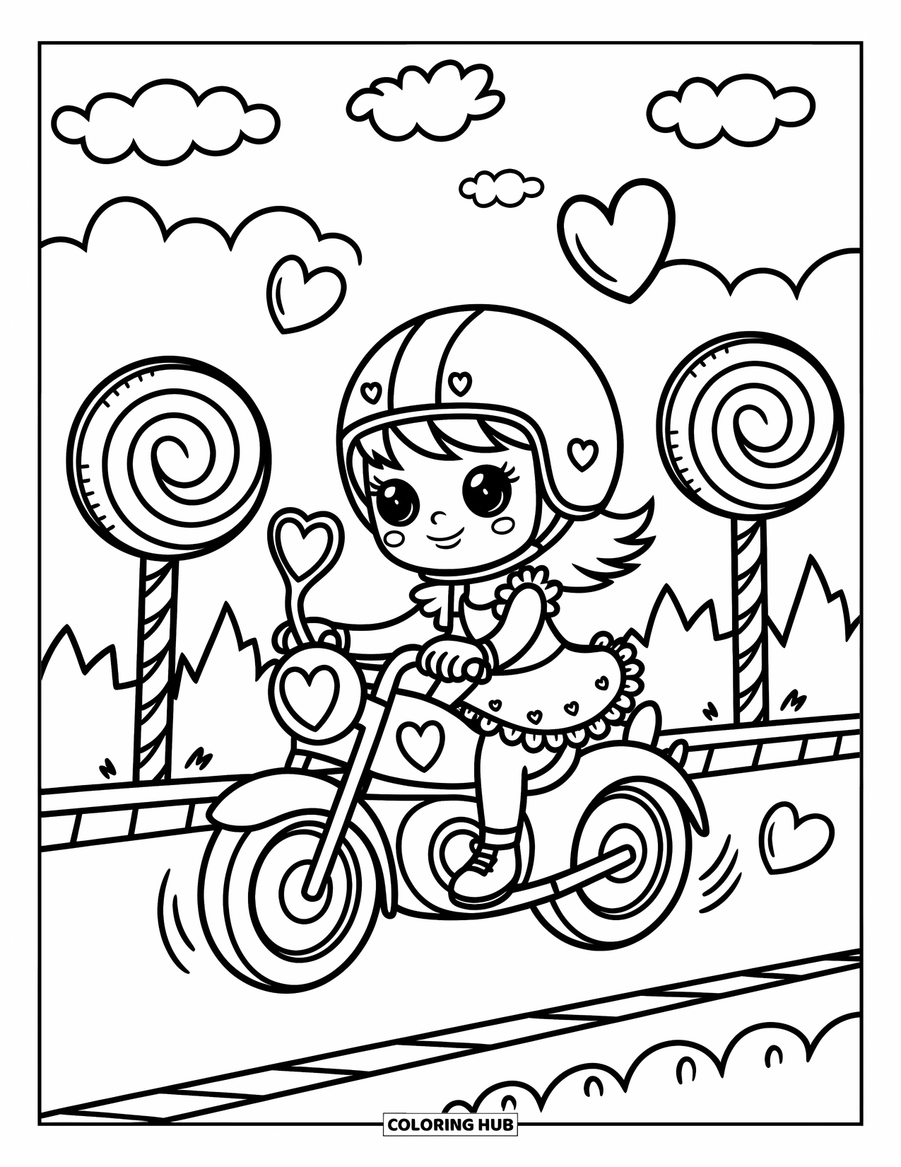 Motor Kleurplaat voor Volwassenen: Een vrolijk meisje op een motor glijdt langs gigantisch snoep in een speelse omgeving