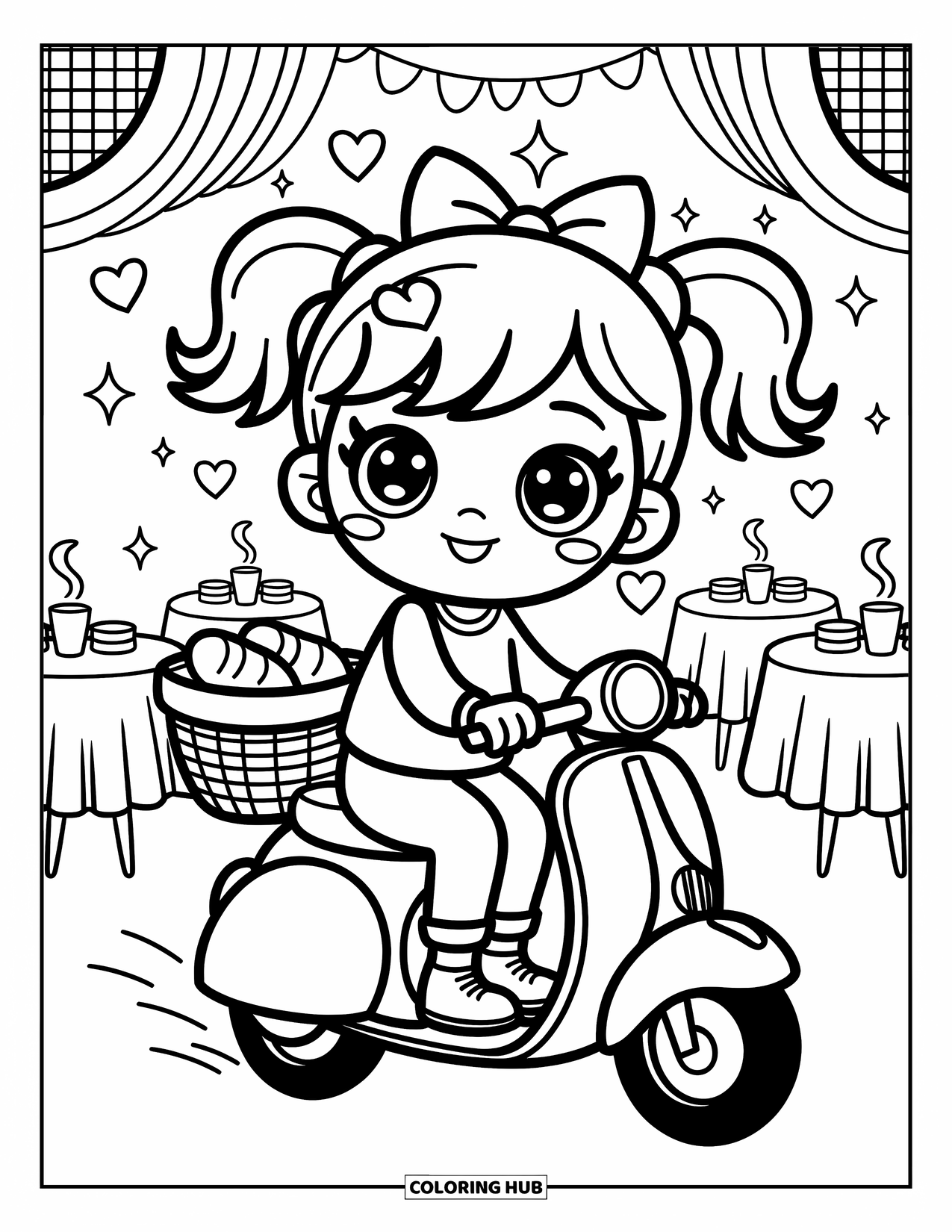 Motor Kleurplaat voor Volwassenen: Een vrolijk meisje rijdt op een scooter langs een café, met harten en glitters die rondzweven
