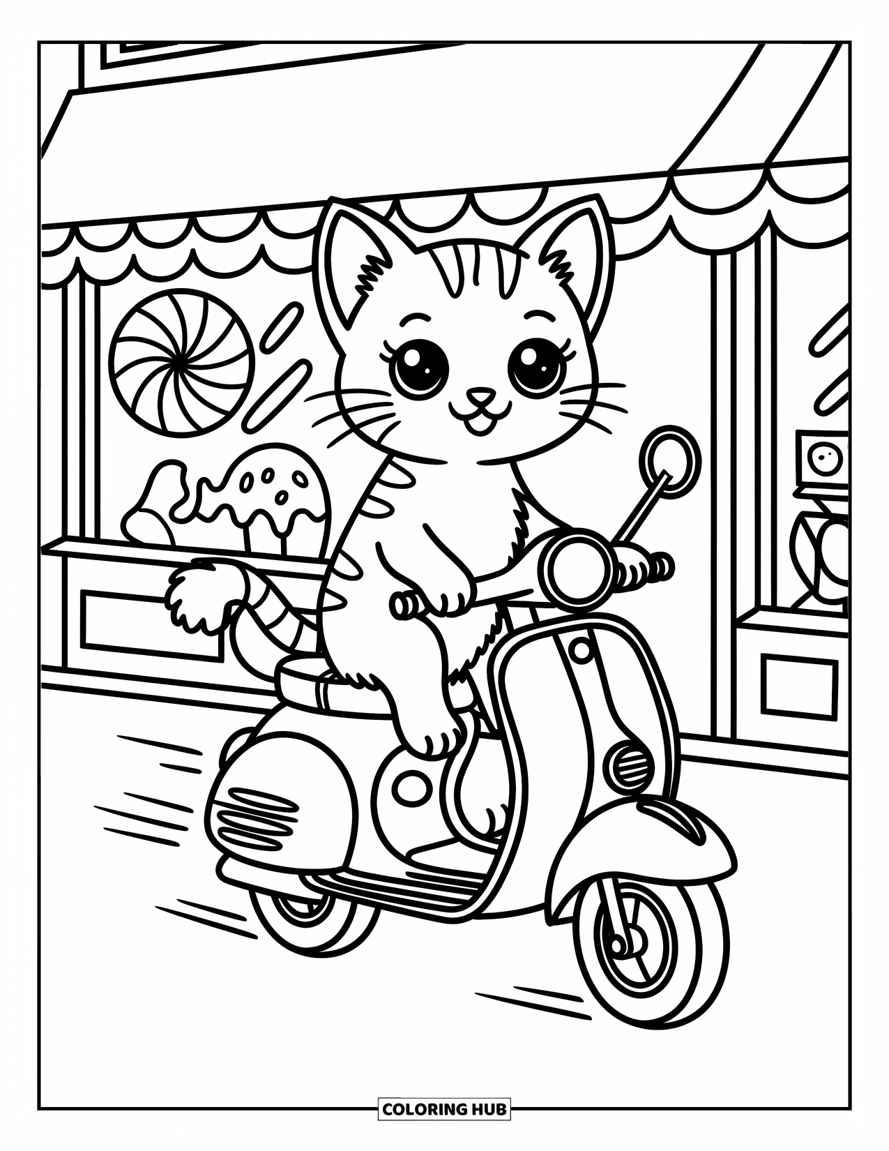 Motor Kleurplaat voor Volwassenen: Een vrolijk kitten rijdt op een scooter met snelheidslijnen en passeert een met snoep gevulde snoepwinkel