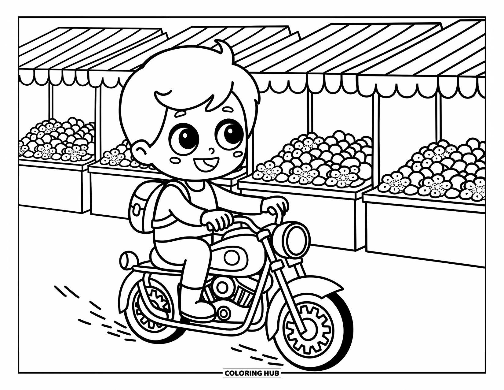 Motor Kleurplaat voor Volwassenen: Een chibi-jongen met een rugzak rijdt op een motor langs vrolijke fruit- en bloemenstalletjes