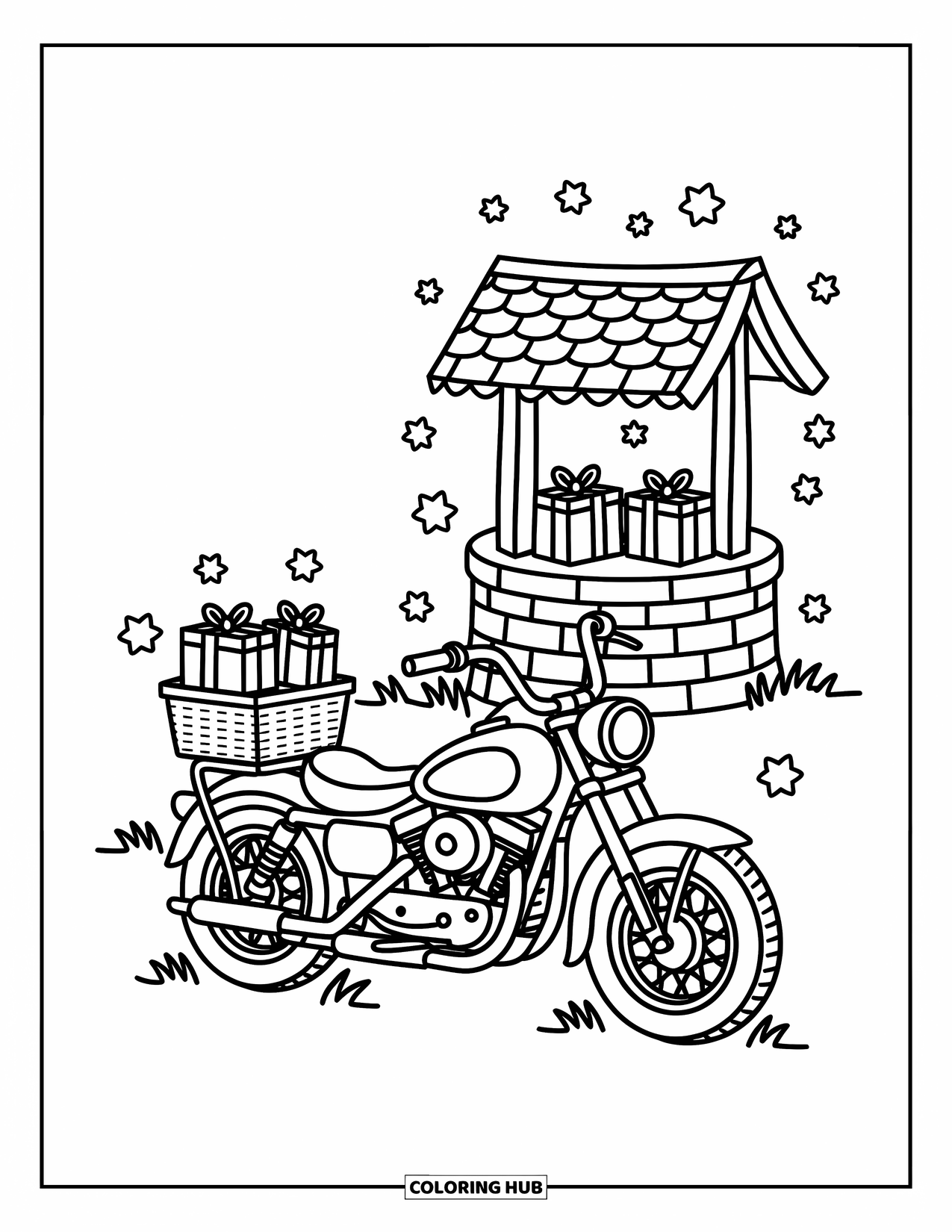Motor Kleurplaat voor Volwassenen: Een stevige motor met cadeaus geparkeerd in de buurt van een wensput met zwevende sterren erboven