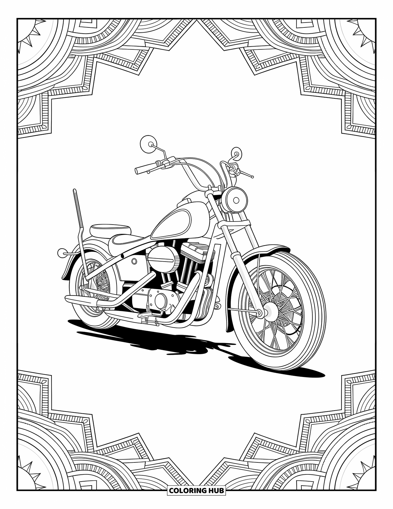 Motor Kleurplaat voor Volwassenen: Een klassieke chopper motor is omgeven door wervelende mandala- en geometrische patronen