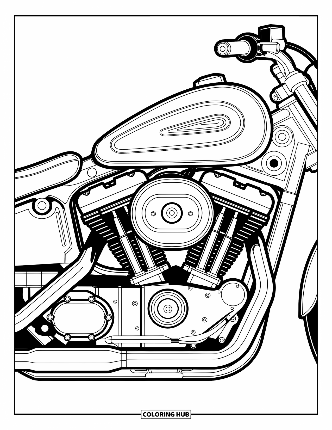 Motor Kleurplaat voor Volwassenen: Een close-up van een motorblok gevuld met ingewikkelde mechanische onderdelen en patronen