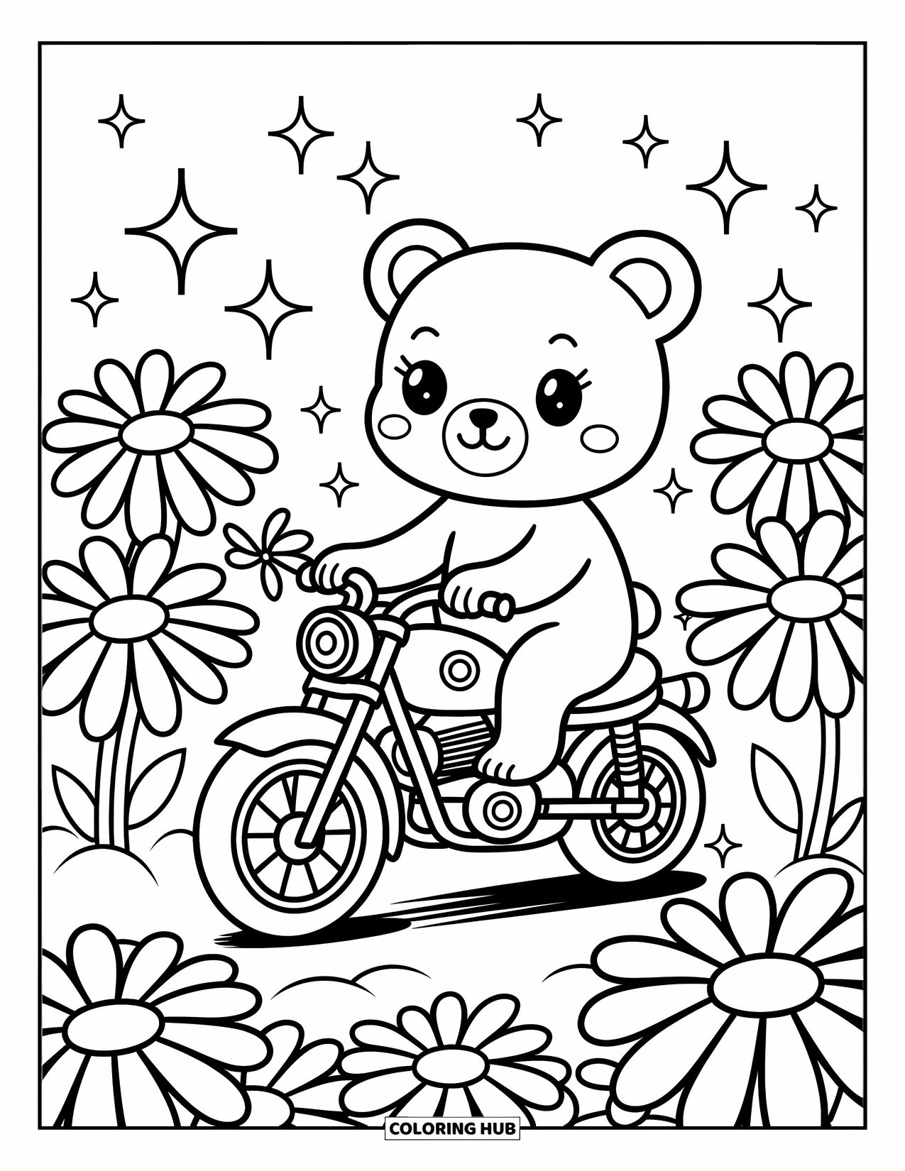 Motor Kleurplaat voor Volwassenen: Een schattige beer rijdt op een kleine motor door een veld met reuzenmadeliefjes