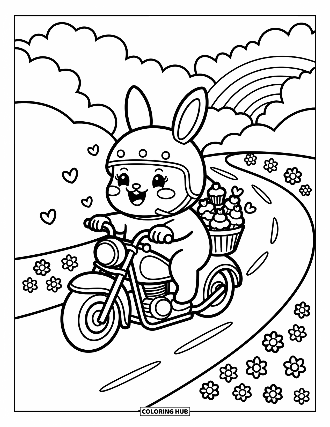 Motor Kleurplaat voor Volwassenen: Een schattig konijntje rijdt op een motor langs glooiende heuvels, harten en een regenboog