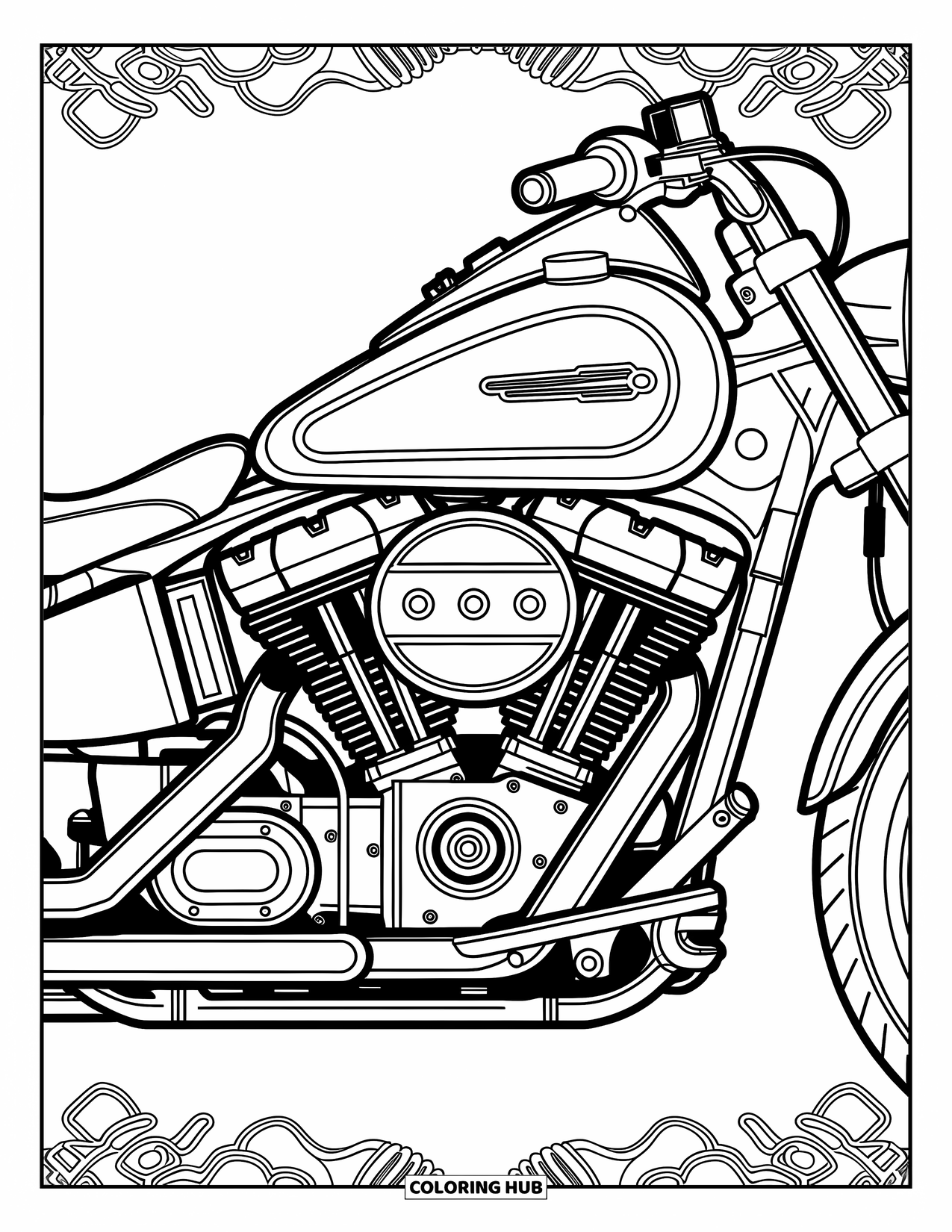Motor Kleurplaat voor Volwassenen: Een gedetailleerde motorillustratie met scherpe lijnen en omliggende artistieke mechanische ontwerpen