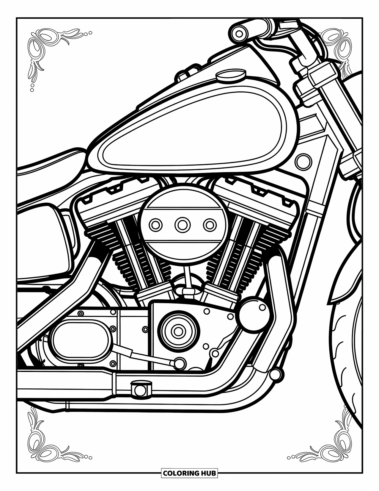 Motor Kleurplaat voor Volwassenen: Een gedetailleerd motorblok omgeven door elegante randen en complexe mechanische ontwerpen