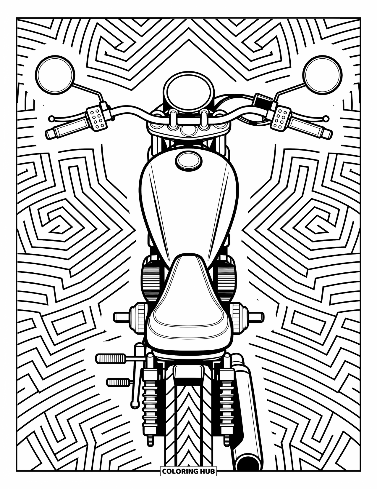 Motor Kleurplaat voor Volwassenen: Een gedetailleerde motor van bovenaf, omgeven door geometrische rasters en vloeiende ontwerpen