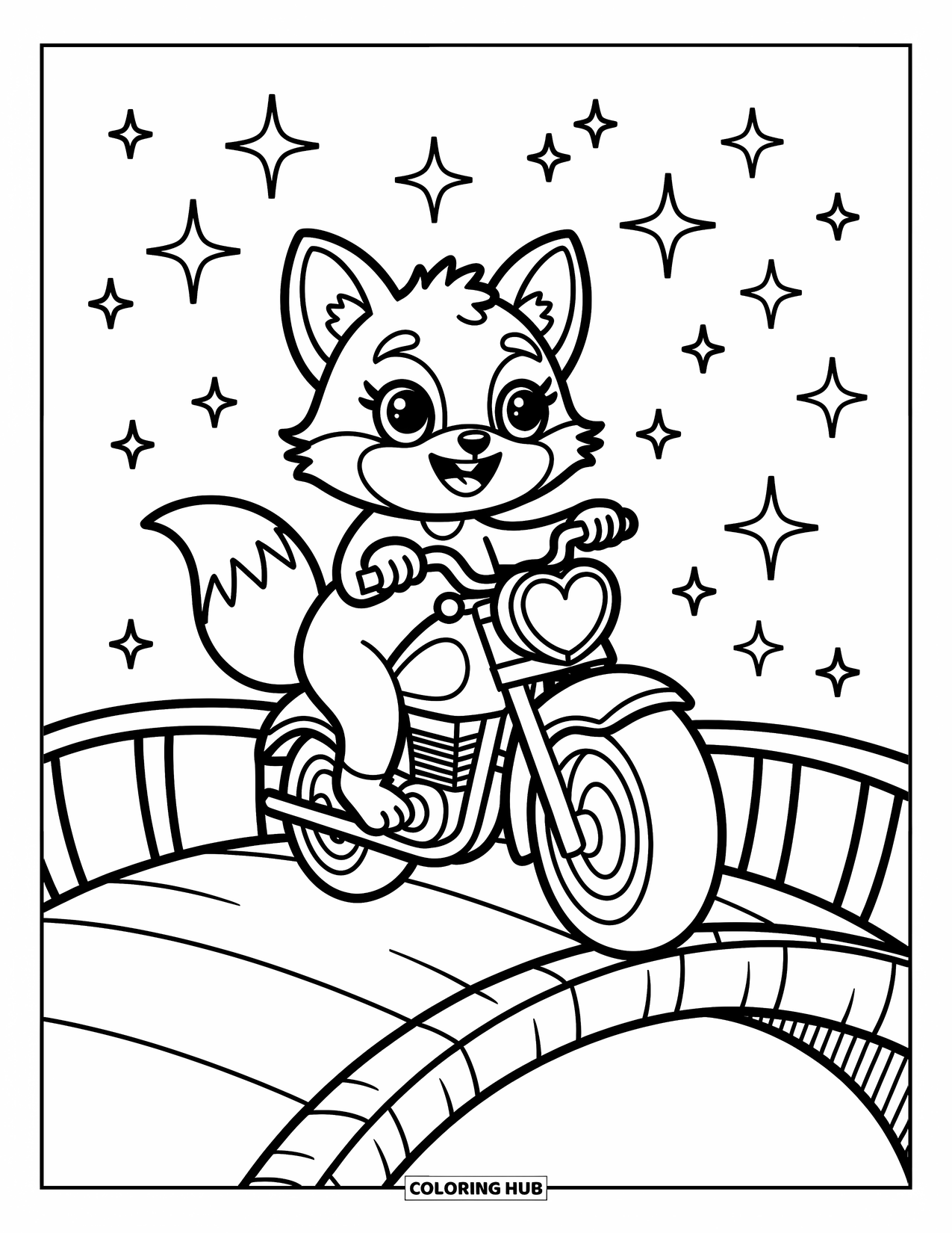 Motor Kleurplaat voor Volwassenen: Een vos met grote ogen rijdt op een mollige motor over een grillige boogbrug