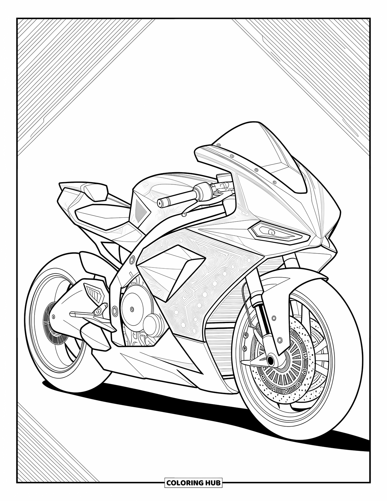 Motor Kleurplaat voor Volwassenen: Een futuristische motor is omgeven door ingewikkelde circuits en mechanische ontwerpen