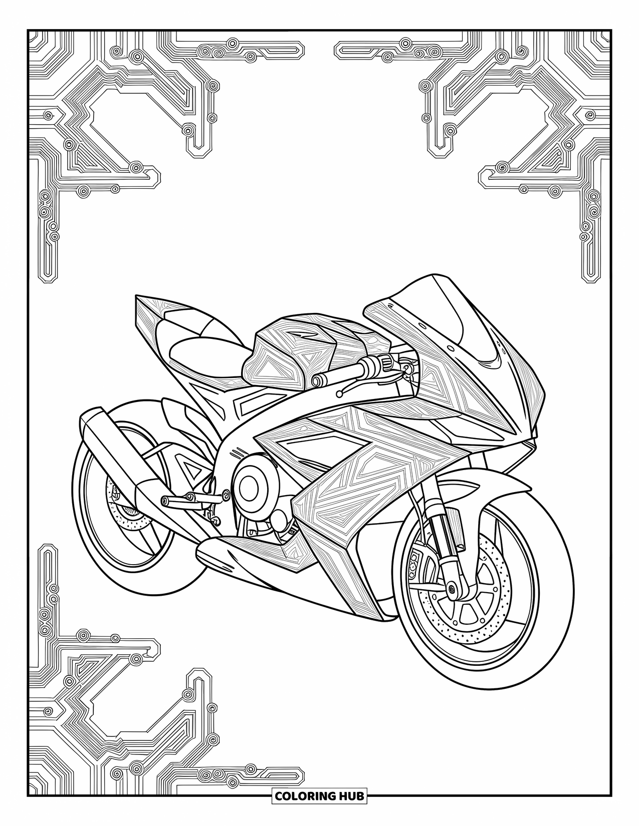 Motor Kleurplaat voor Volwassenen: Een futuristische motor is omgeven door ingewikkelde circuits en mechanische patroonontwerpen