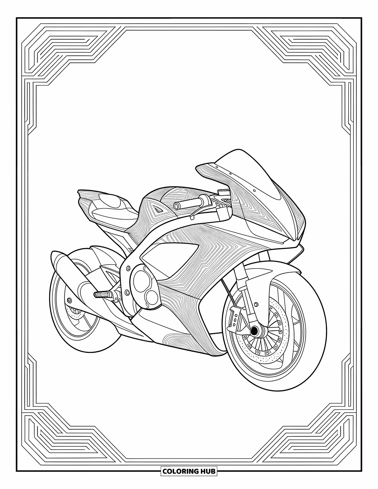 Motor Kleurplaat voor Volwassenen: Een futuristische motor zit omlijst door wervelende circuitpatronen en gedetailleerde randen