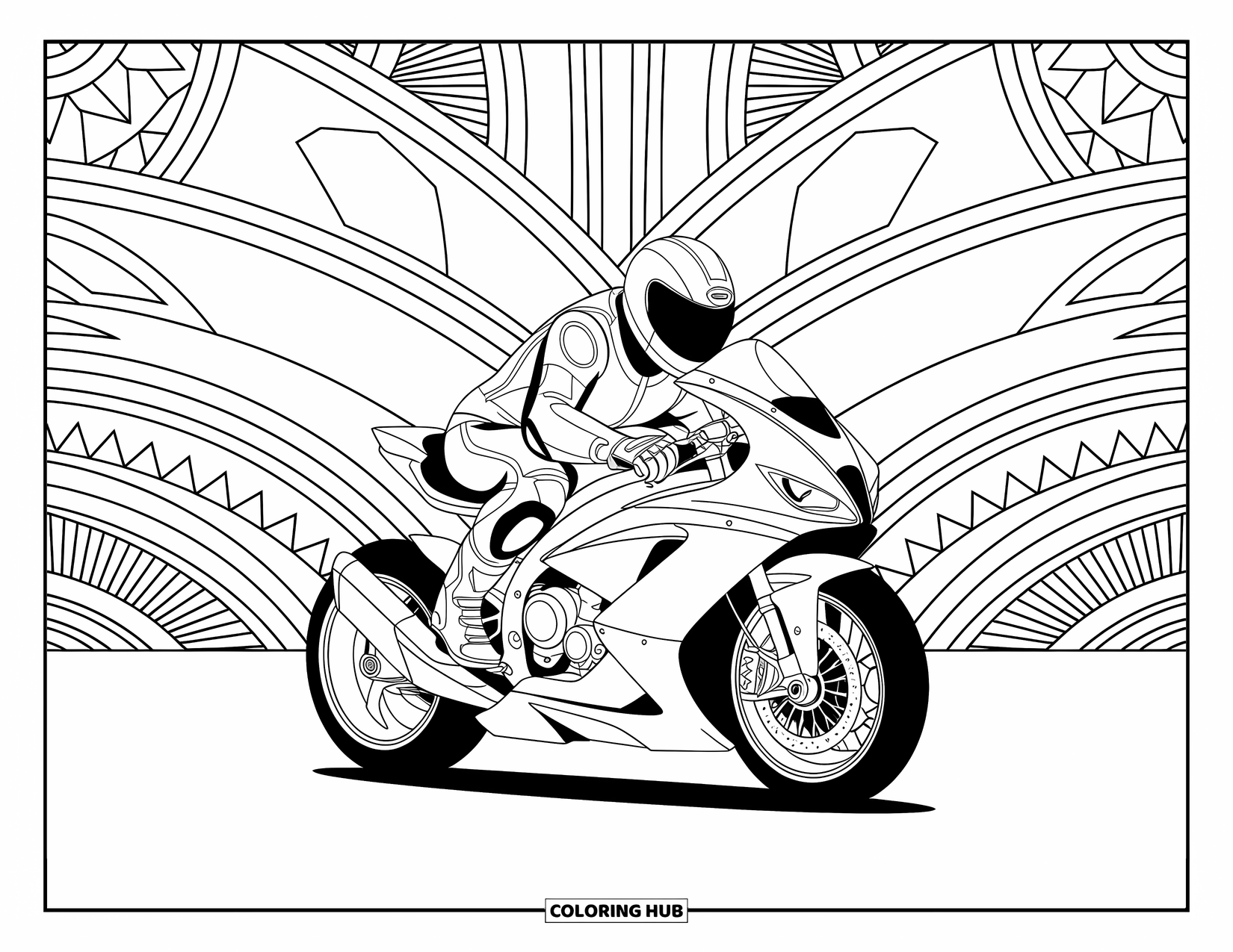 Motor Kleurplaat voor Volwassenen: Een futuristische motor met een berijder is omgeven door mechanische en mandala-vormen