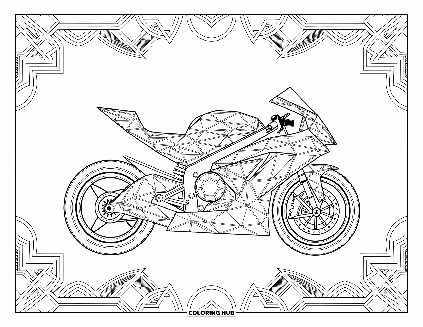 Motor Kleurplaat voor Volwassenen: Een geometrische motor gemaakt van driehoeken en cirkels zit tussen ingewikkelde symmetrische patronen