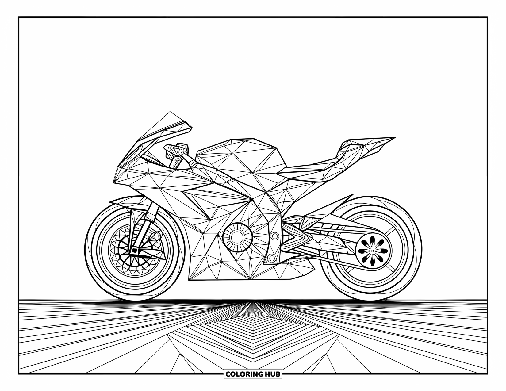Motor Kleurplaat voor Volwassenen: Een geometrische motor gemaakt van driehoeken en cirkels zit tussen symmetrische patronen