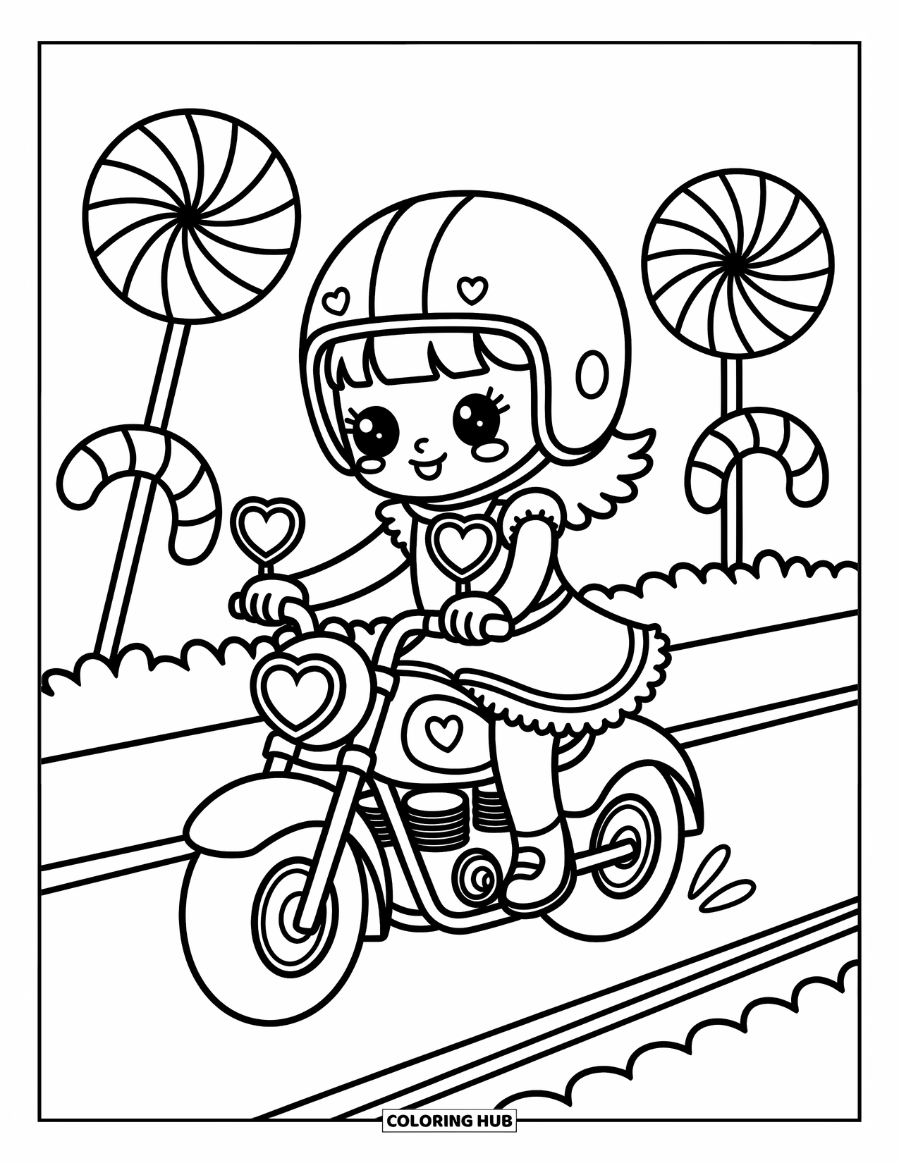 Motor Kleurplaat voor Volwassenen: Een meisje in een ruchejurk rijdt op een motor langs gigantische lolly's en zuurstokken