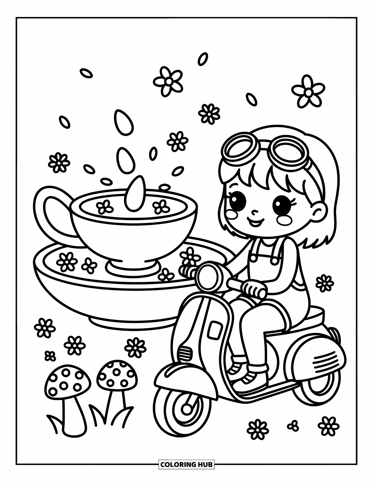 Motor Kleurplaat voor Volwassenen: Een meisje met een bril ontspant zich bij een scooter en een grillige theekopjesfontein