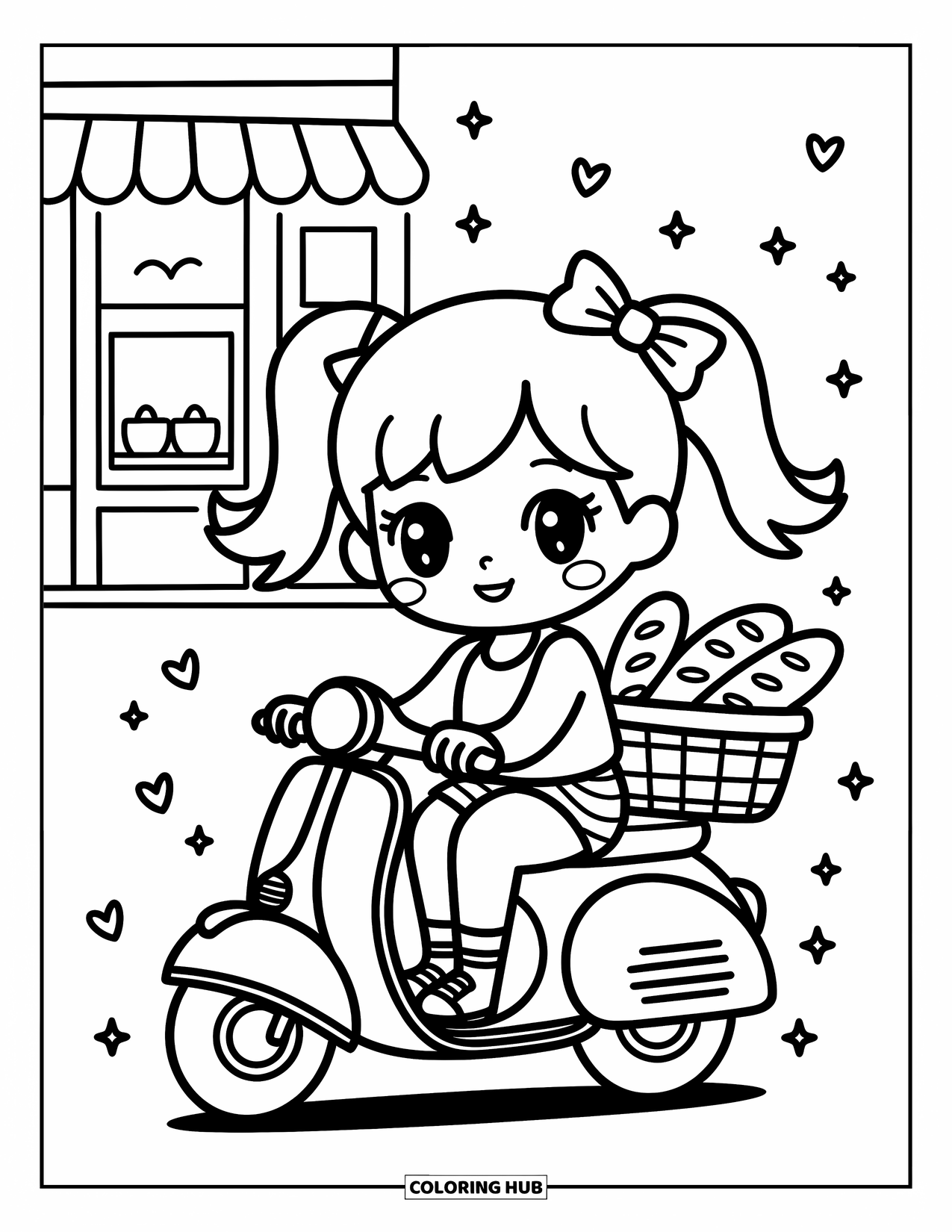 Motor Kleurplaat voor Volwassenen: Een meisje met vlechtjes rijdt op een scooter met een broodmand in de buurt van een gezellig café