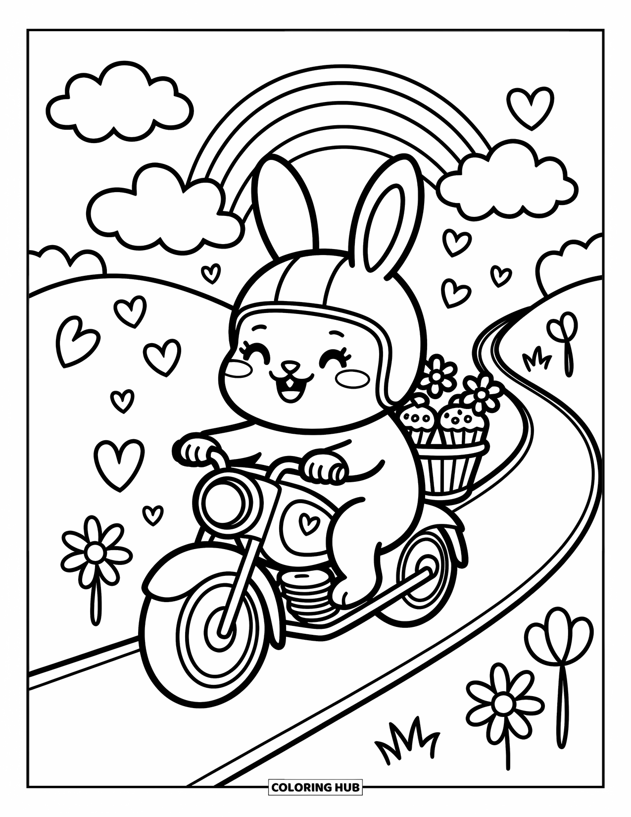 Motor Kleurplaat voor Volwassenen: Een vrolijk konijntje rijdt over een pad met harten, een mand met bloemen en cupcakes