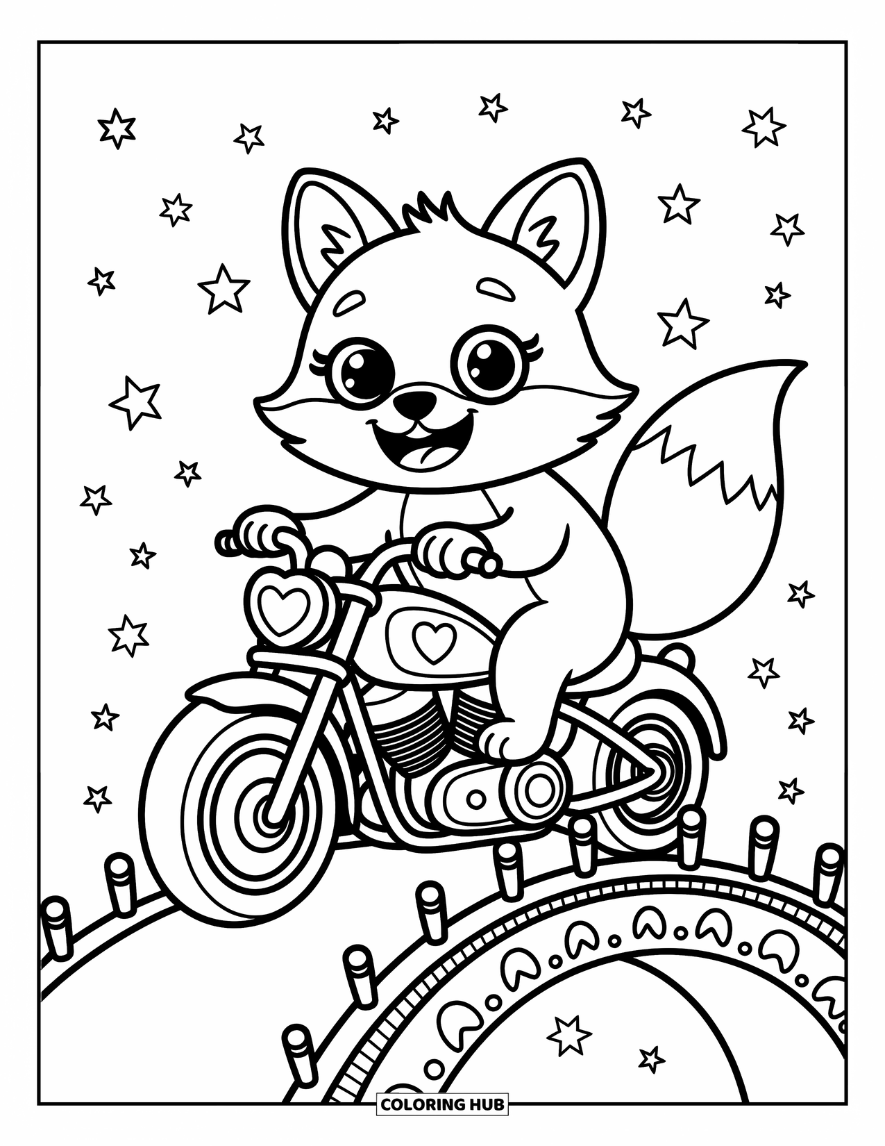 Motor Kleurplaat voor Volwassenen: Een vrolijke vos rijdt op een schattige motor op een brug onder zwevende magische sterren