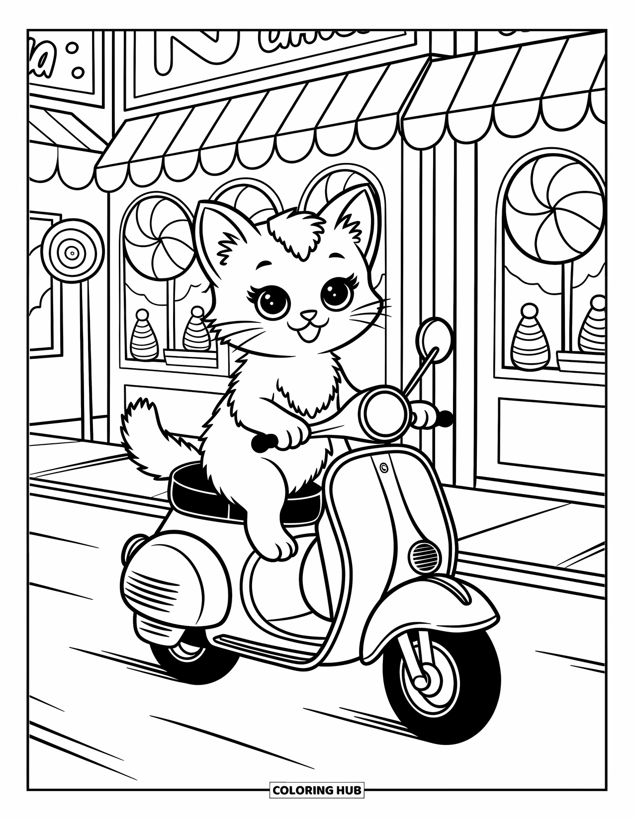 Motor Kleurplaat voor Volwassenen: Een vrolijk kitten op een scooter scheurt langs een snoepwinkel met grillige versieringen