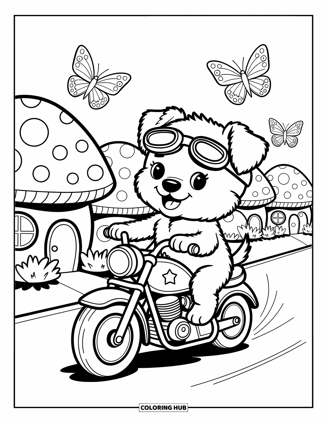 Motor Kleurplaat voor Volwassenen: Een vrolijke puppy met een bril rijdt op een motor langs kleine paddenstoelenhuisjes en vlinders