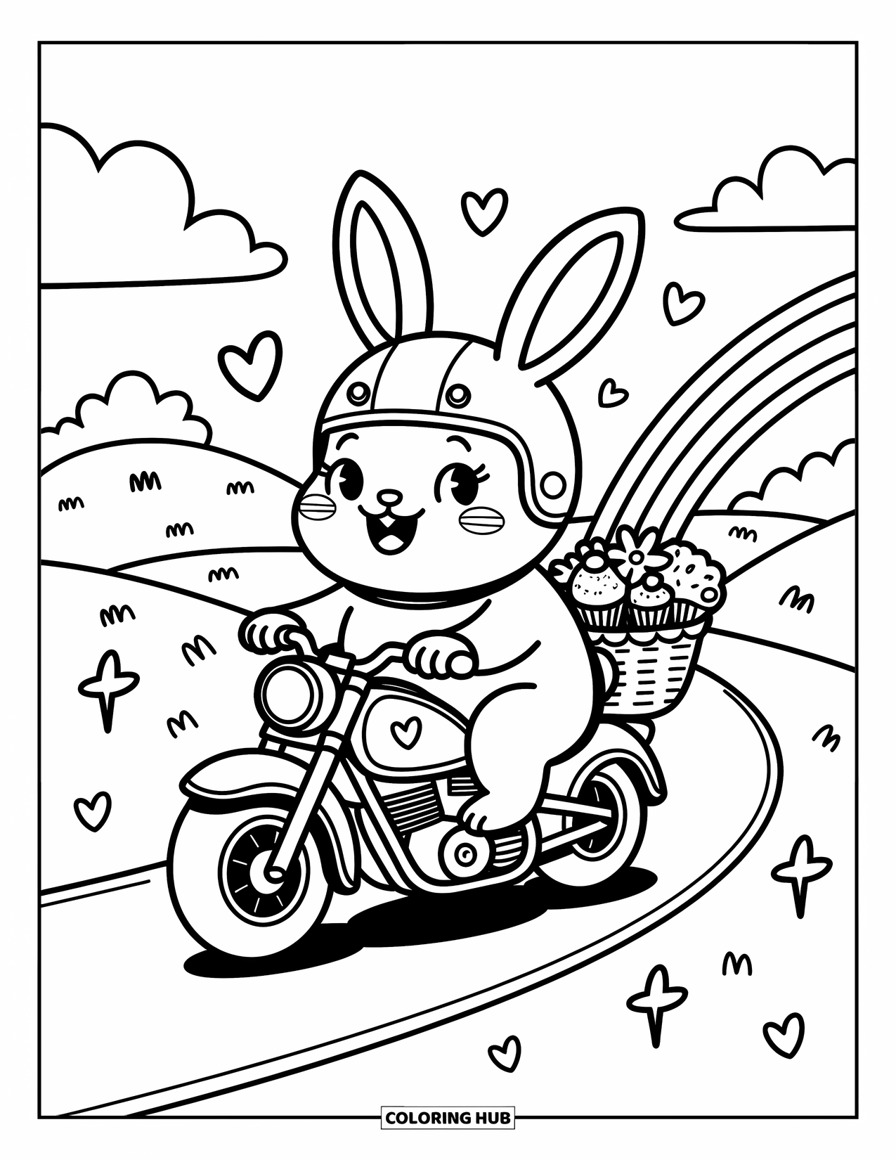 Motor Kleurplaat voor Volwassenen: Een vrolijk konijntje op een motor met een mand met bloemen en cupcakes in de buurt