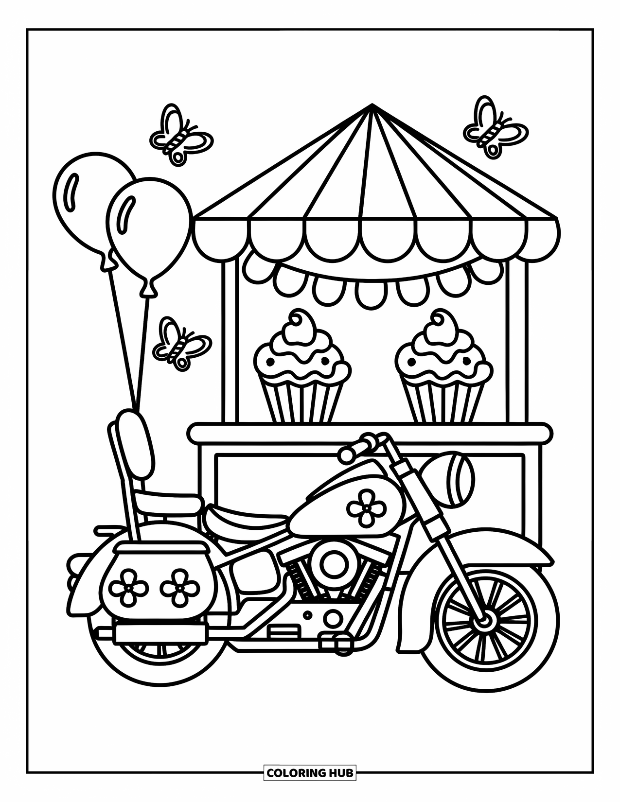 Motor Kleurplaat voor Volwassenen: Een kawaii-motor met bloemmotieven staat bij een cupcakekraam met ballonnen en vlinders