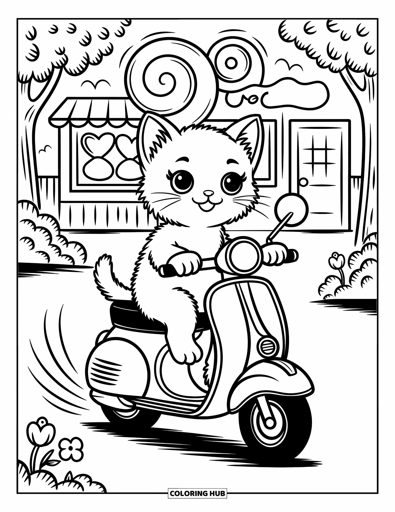 Motor Kleurplaat voor Volwassenen: Een kitten met grote spiegels op zijn scooter passeert een snoepwinkel met snoepborden