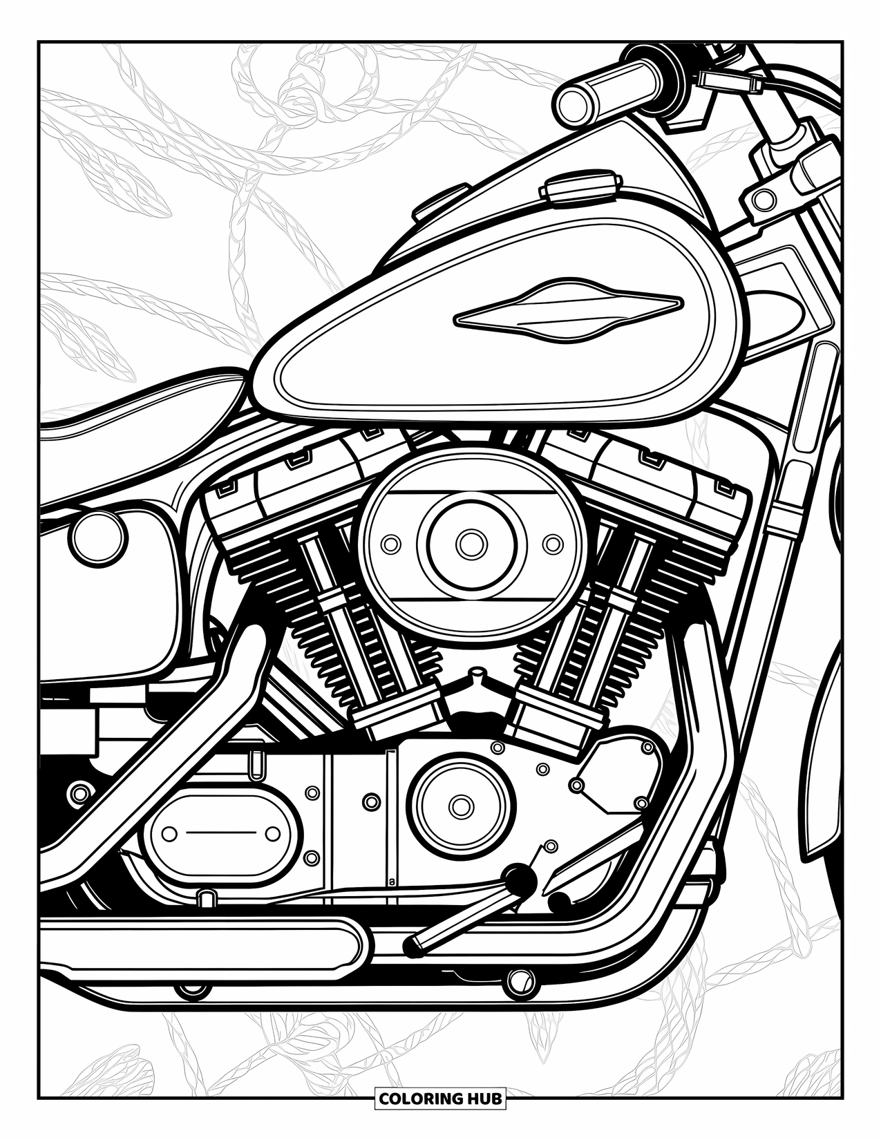 Motor Kleurplaat voor Volwassenen: Een close-up van een motor die tandwielen, zuigers en ingewikkelde lijnpatronen laat zien