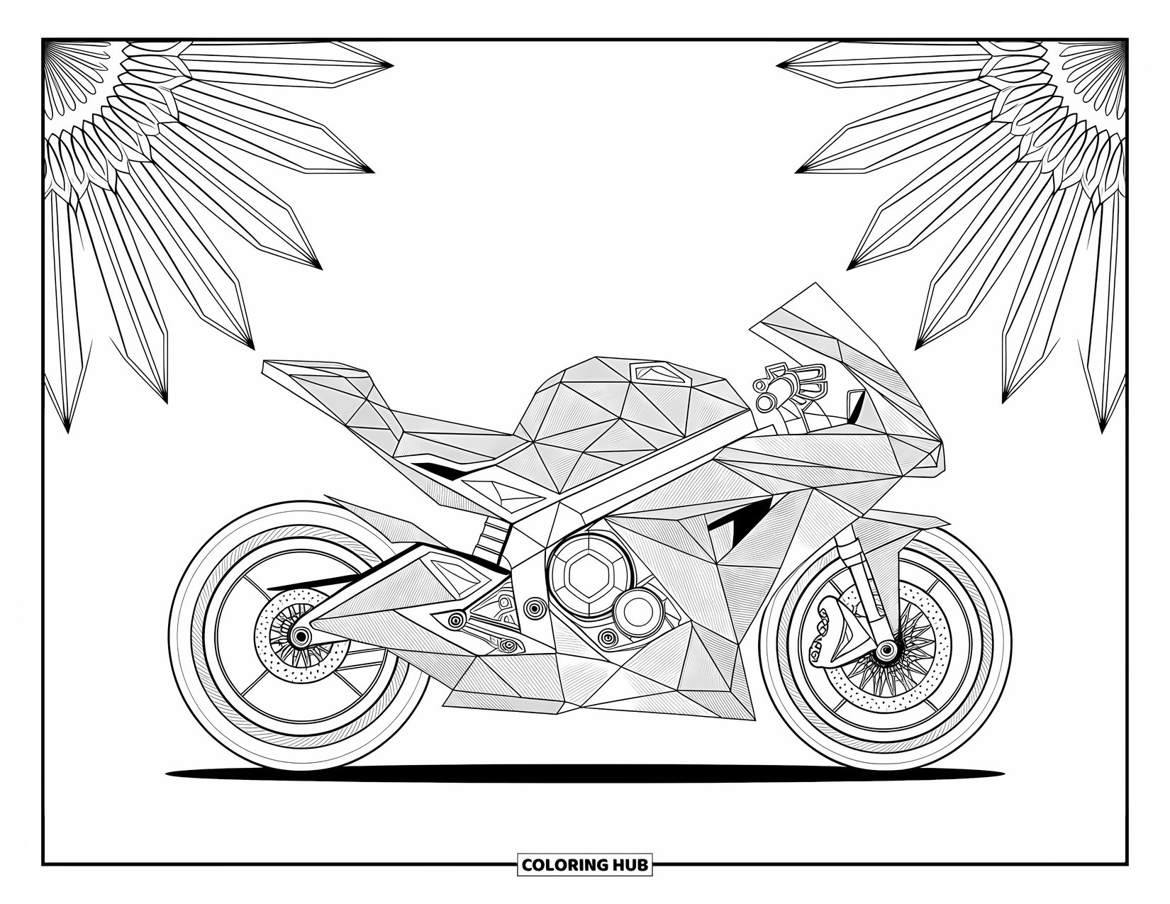 Motor Kleurplaat voor Volwassenen: Een motor van geometrische vormen is omgeven door elegante en rustgevende symmetrische ontwerpen