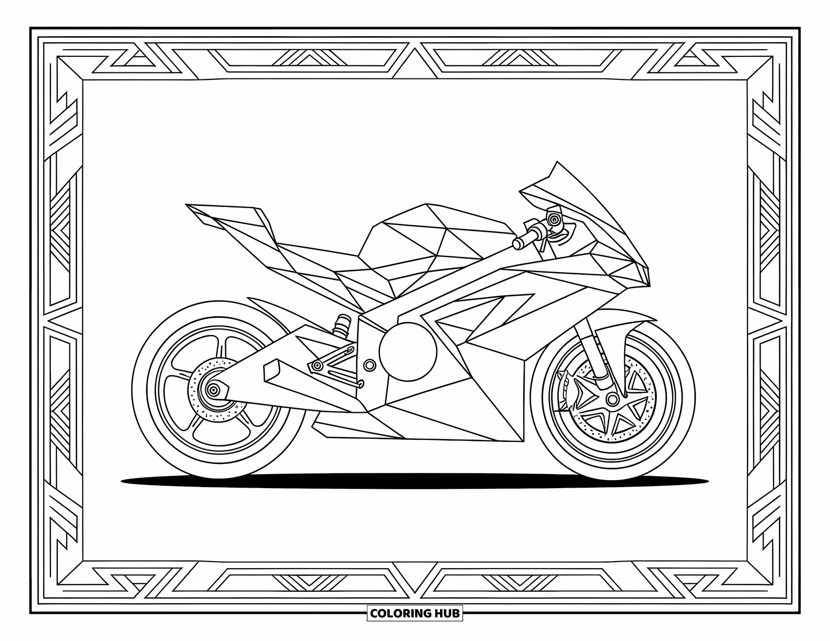 Motor Kleurplaat voor Volwassenen: Een motor van geometrische vormen valt op door ingewikkelde symmetrische ontwerpen