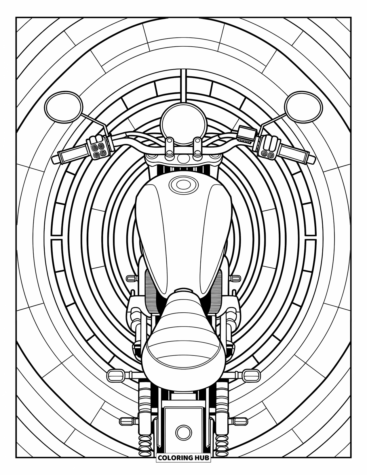 Motor Kleurplaat voor Volwassenen: Een motor van bovenaf gezien met handen op het stuur en wervelende artistieke patronen