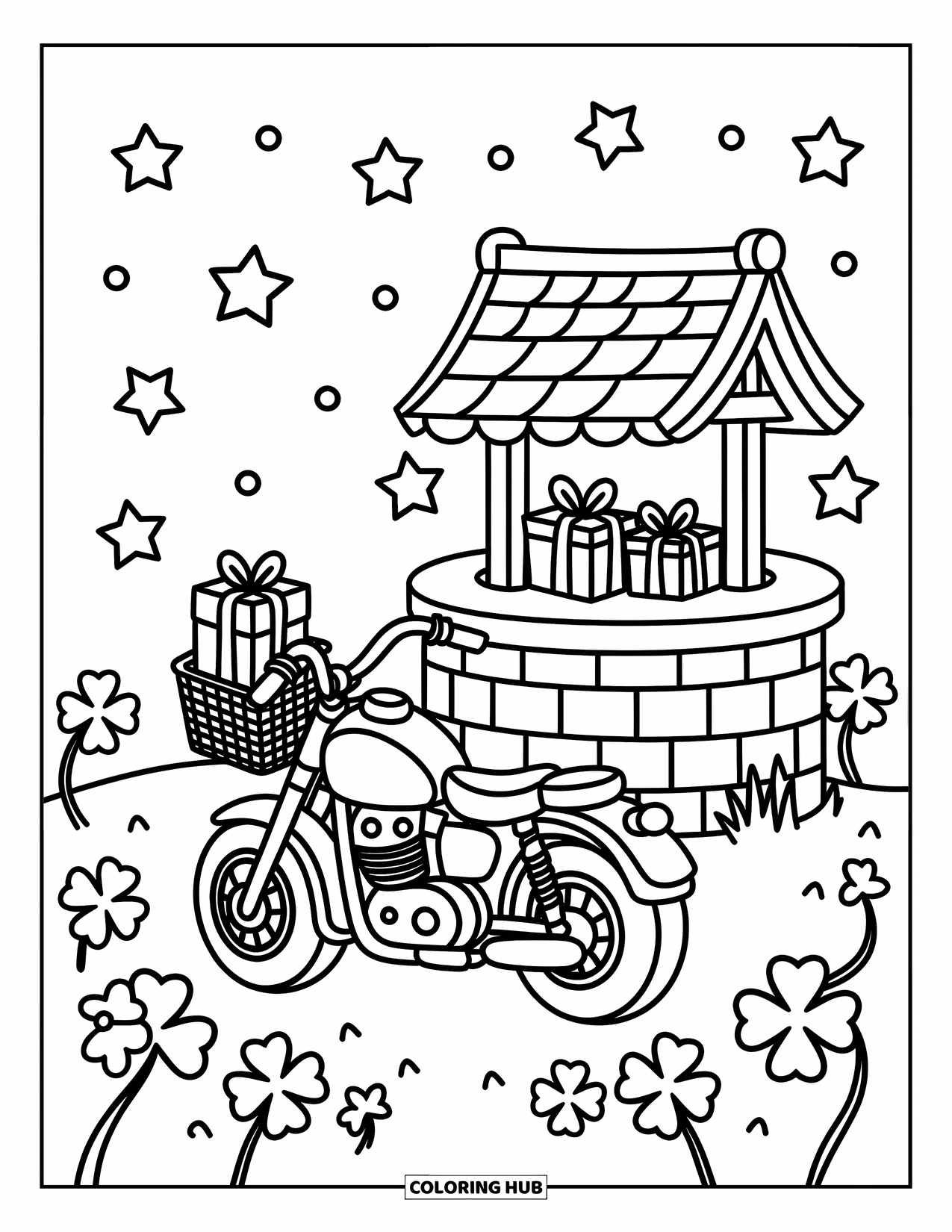 Motor Kleurplaat voor Volwassenen: Een motor met een mand vol cadeaus staat in de buurt van een wensput en zwevende sterren