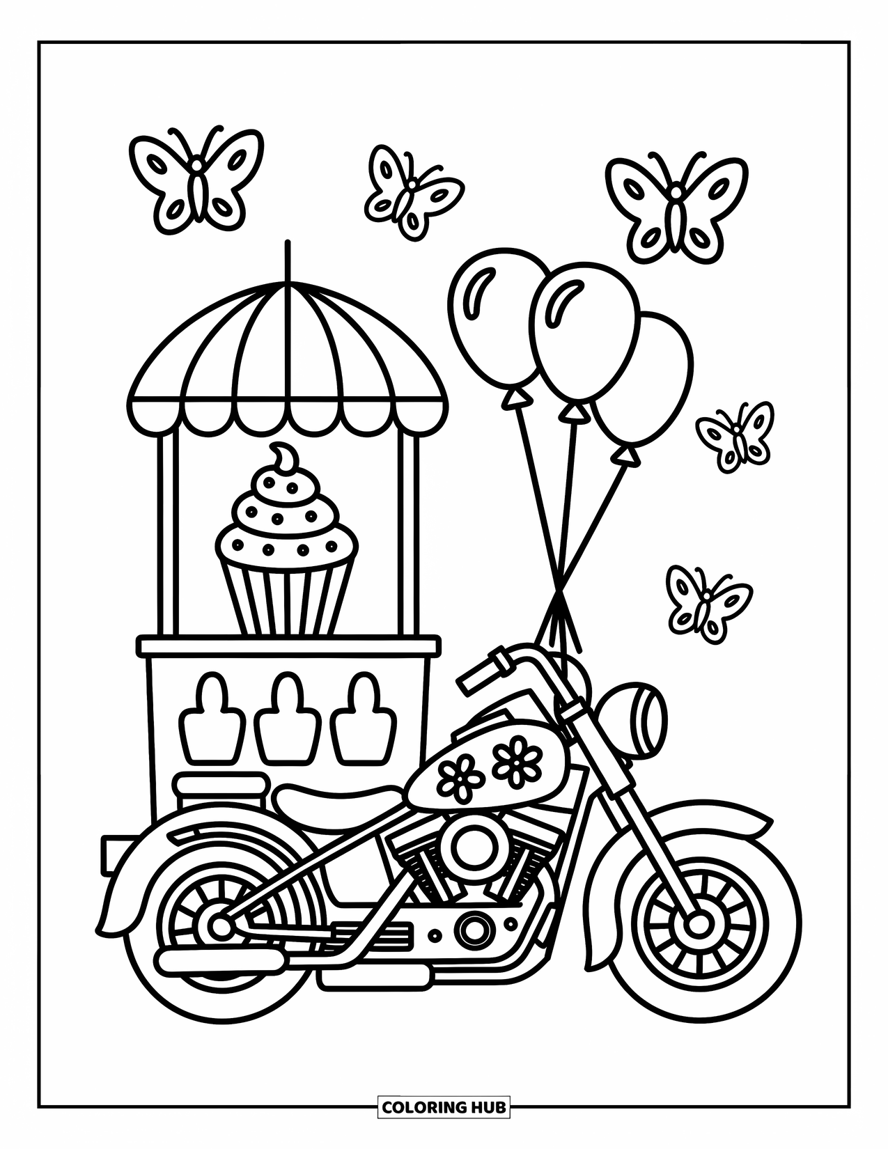 Motor Kleurplaat voor Volwassenen: Een motor met bloemmotieven staat naast een cupcakekraam met ballonnen en vlinders