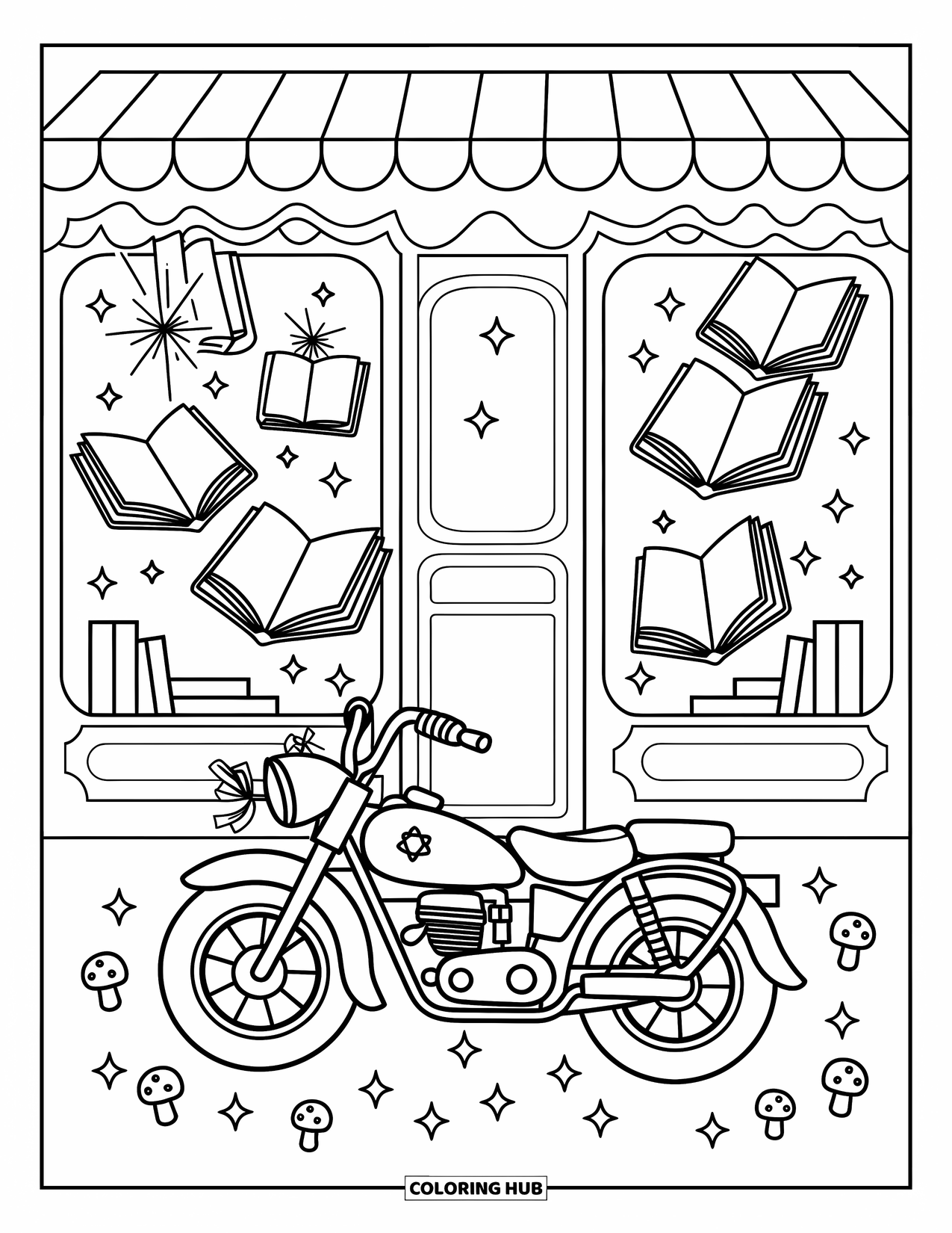 Motor Kleurplaat voor Volwassenen: Een motor met linten staat voor een boekenwinkel vol zwevende boeken en glitters