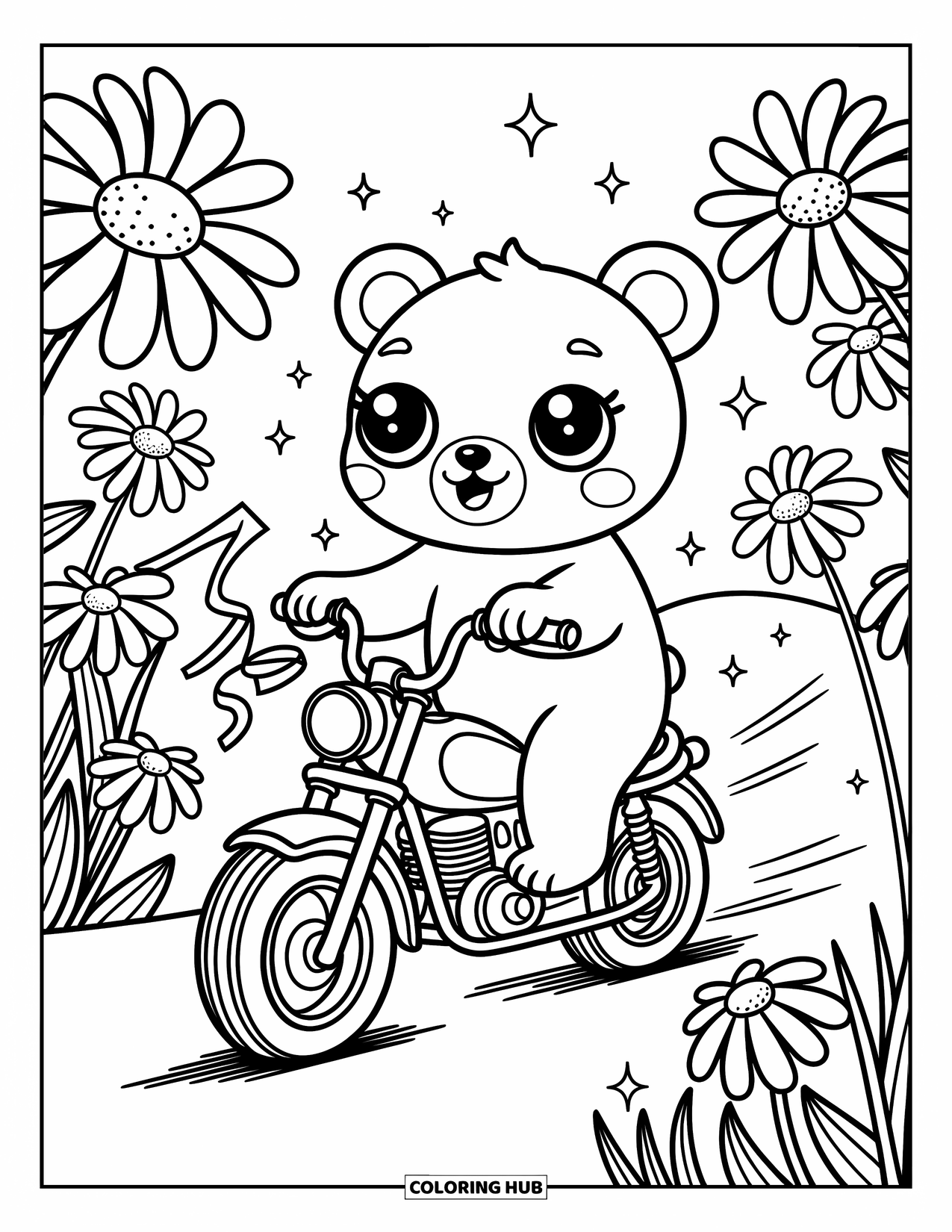 Motor Kleurplaat voor Volwassenen: Een speelse beer op een kleine fiets glijdt door oversized madeliefjes en glitters