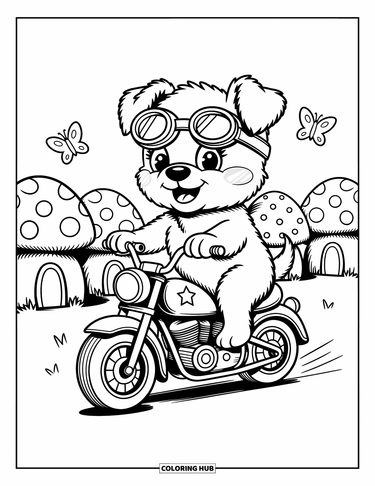 Motor Kleurplaat voor Volwassenen: Een speelse puppy op een motor met sterren rijdt langs kleine paddenstoelenhuisjes en vlinders