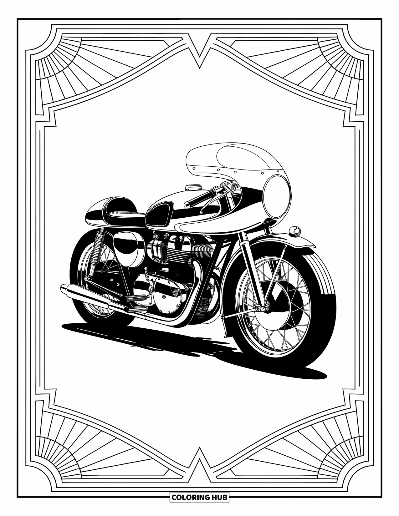 Motor Kleurplaat voor Volwassenen: Een racemotor met chroomdetails zit tussen symmetrische Art Deco-patronen