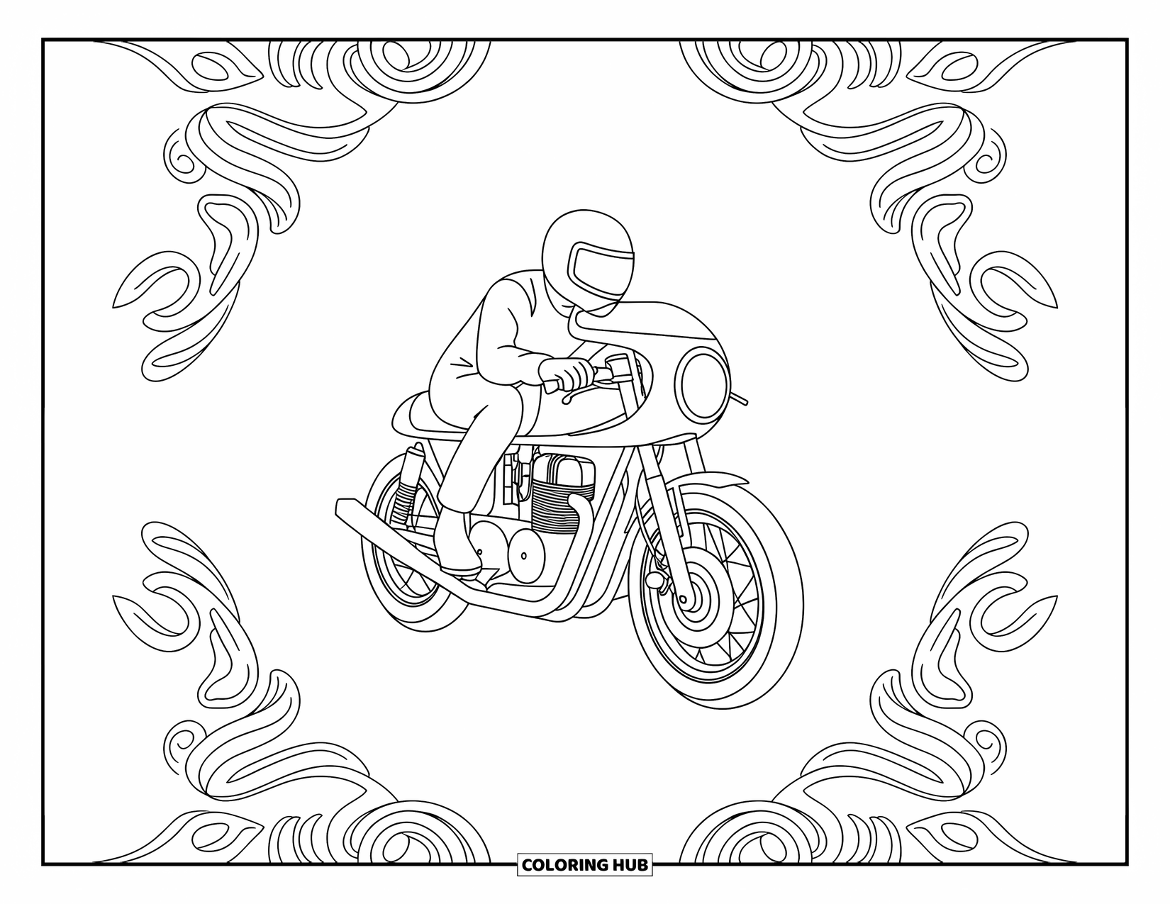 Motor Kleurplaat voor Volwassenen: Een rijder rust op een café racer omringd door elegante decoratieve ontwerpen