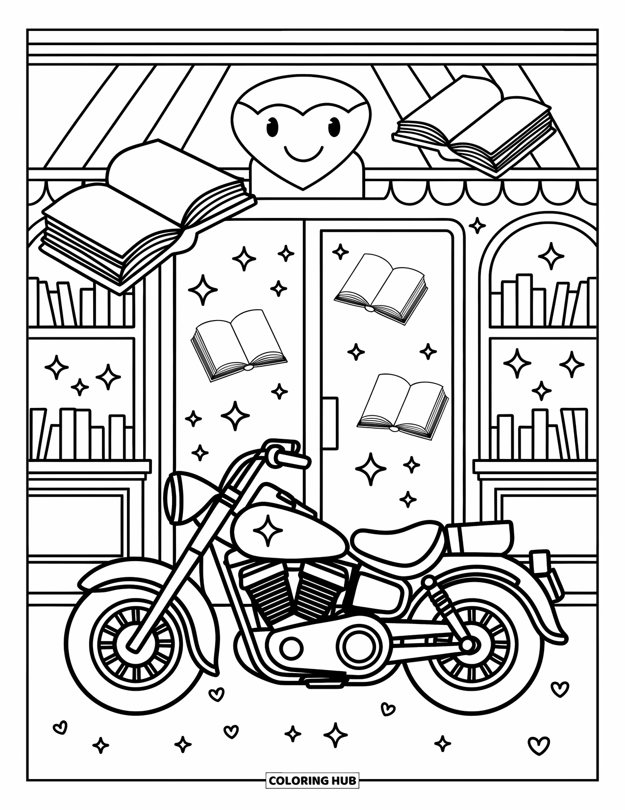 Motor Kleurplaat voor Volwassenen: Een afgeronde motor met linten geparkeerd bij een magische boekenwinkel met zwevende boeken en sterren