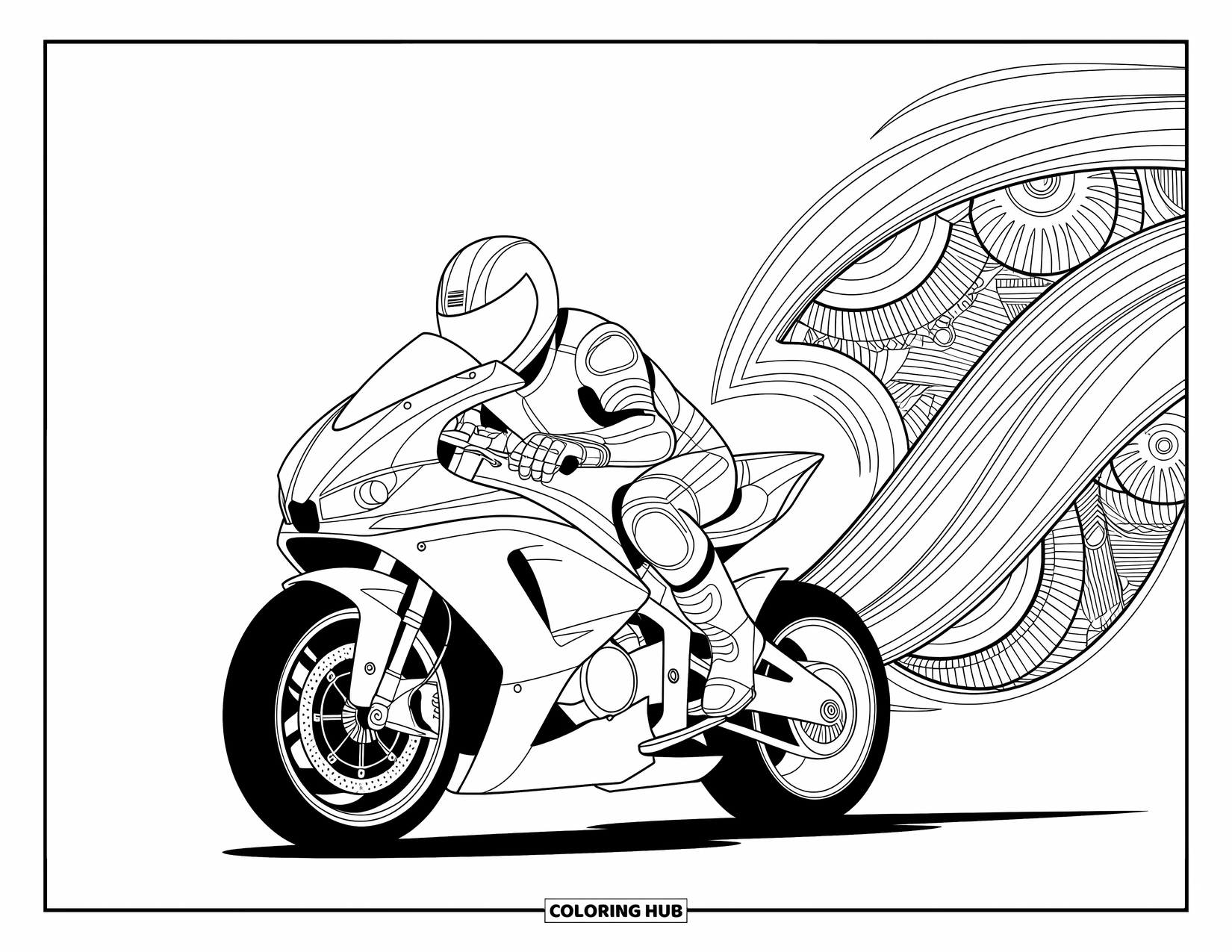 Motor Kleurplaat voor Volwassenen: Een scherp gelijnde motor met een berijder is omgeven door gedetailleerde mandala-patronen