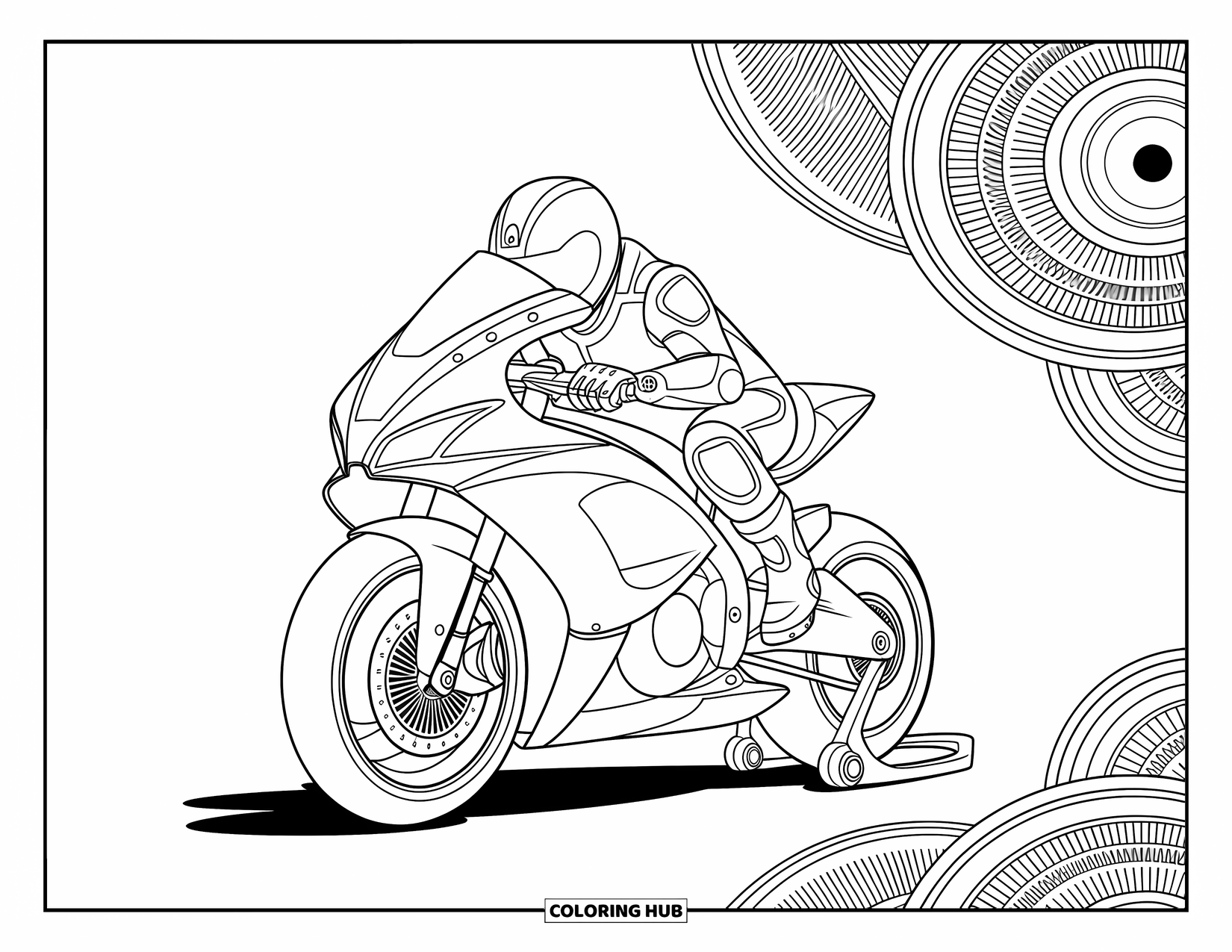 Motor Kleurplaat voor Volwassenen: Een strakke motor en rijder staan tussen wervelende mandala- en mechanische patronen