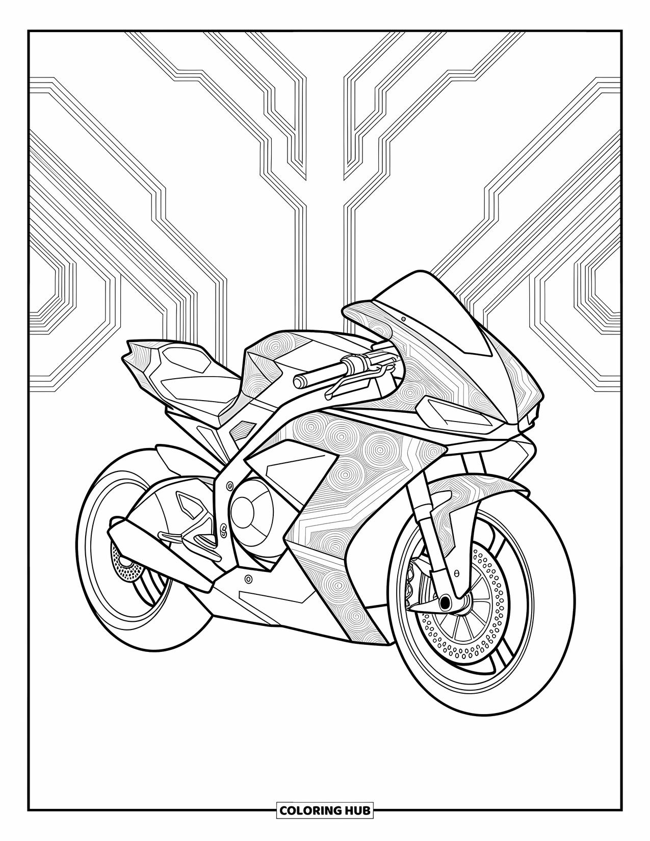 Motor Kleurplaat voor Volwassenen: Een strakke motor met circuitoverlays valt op tussen symmetrische mechanische patronen